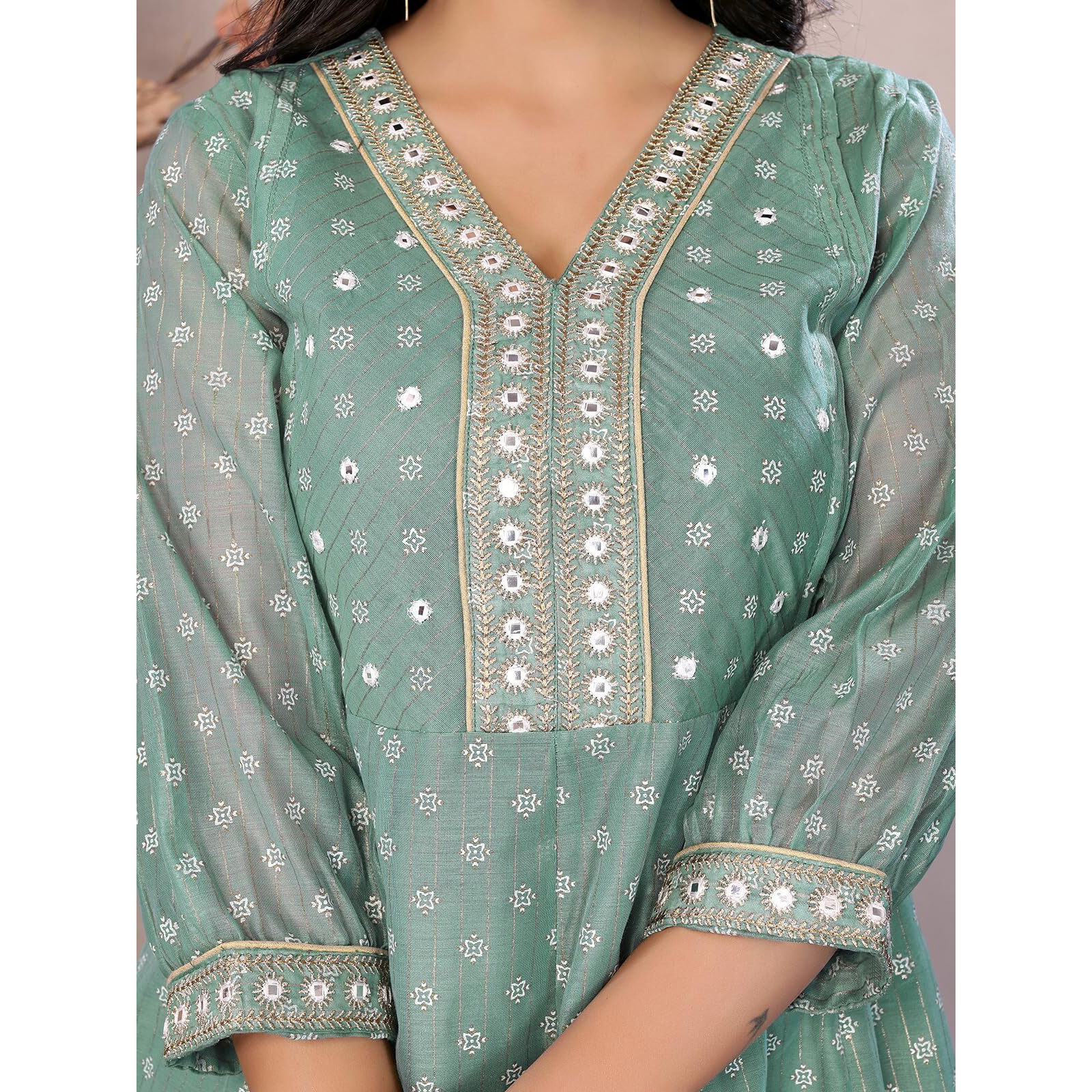 Rangita Green Chanderi Calf Length Embroidered Anarkali Kurti | Kurta For Women_Xl