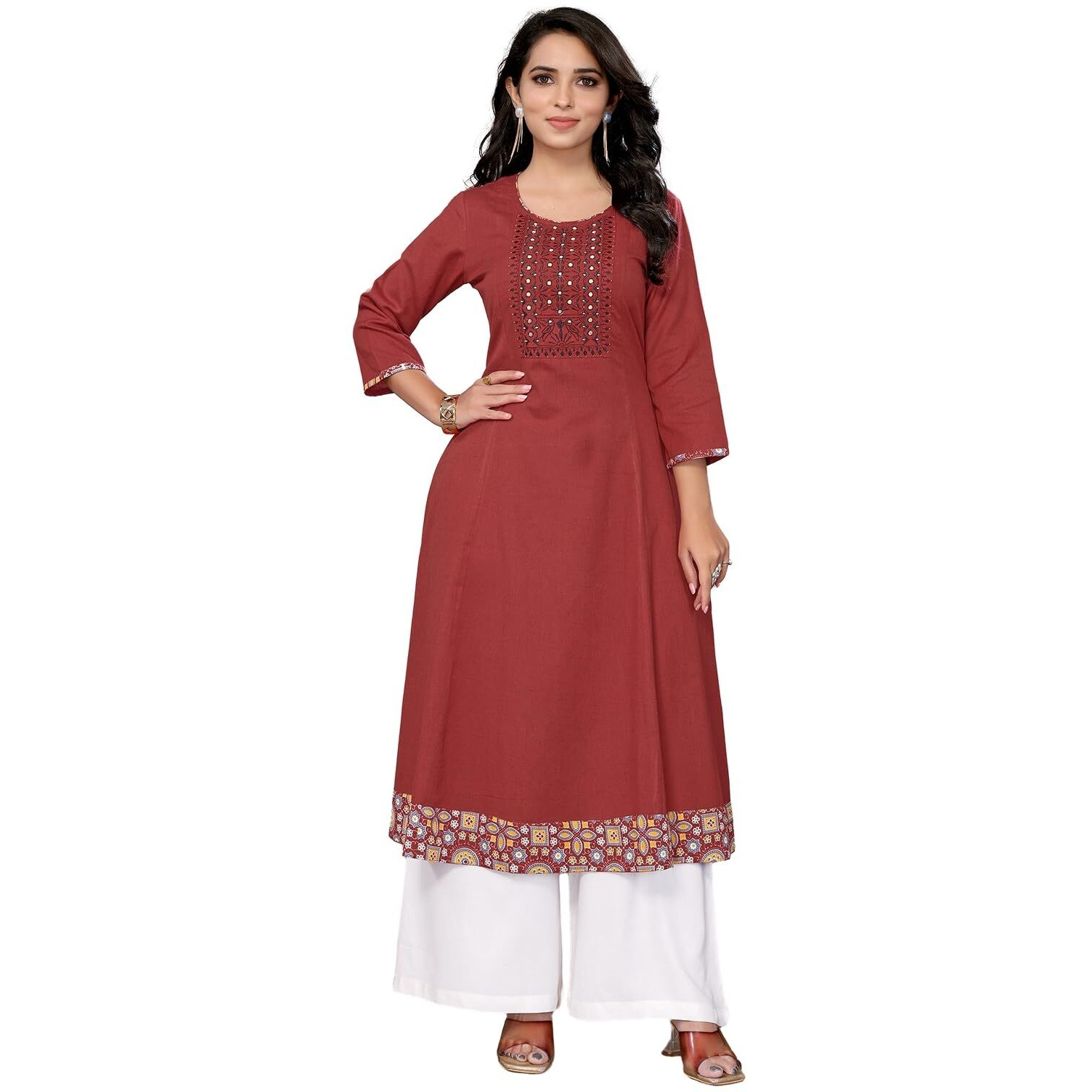 Rangita Maroon Cotton Calf Length Embroidered Flared Kurti | Kurta For Women_M