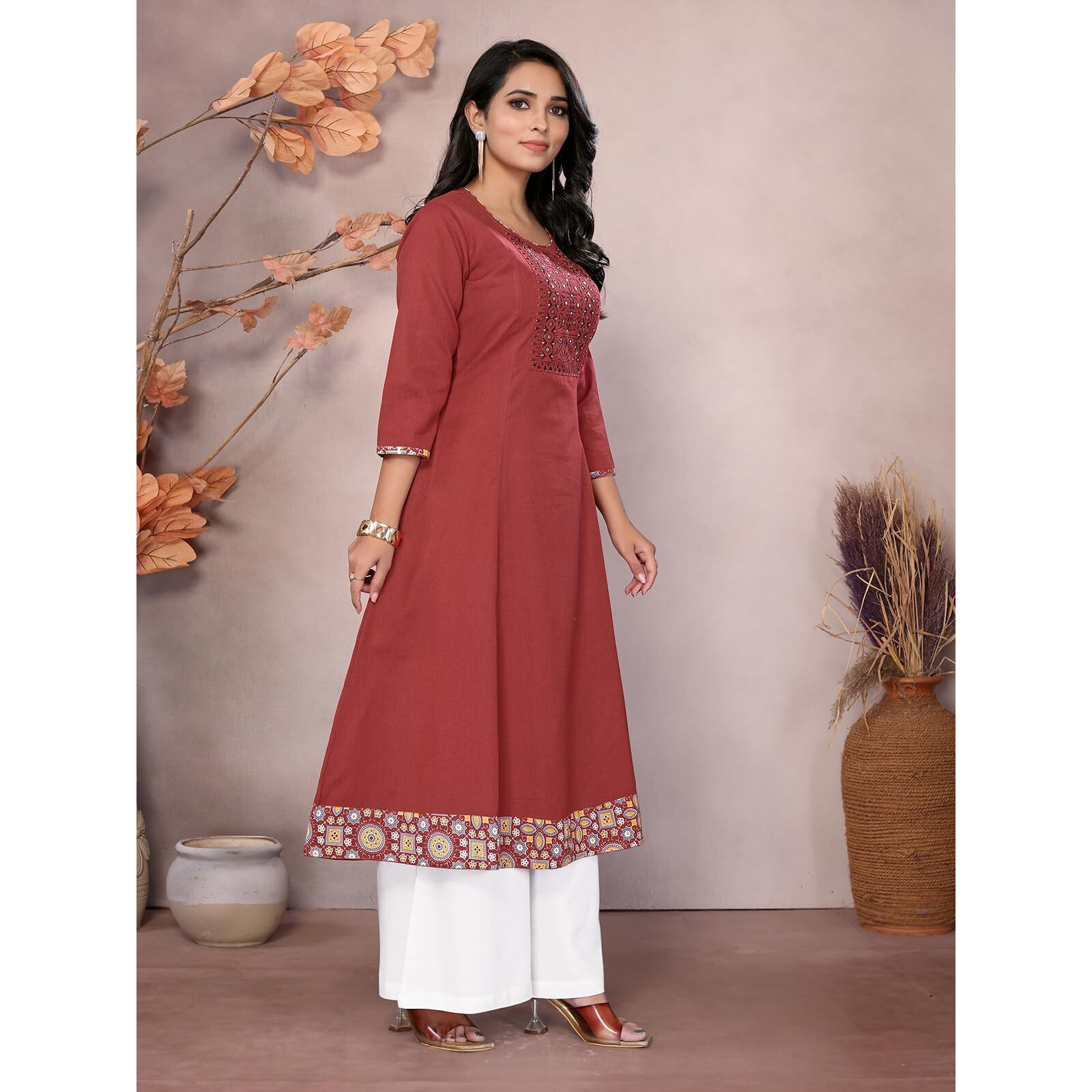 Rangita Maroon Cotton Calf Length Embroidered Flared Kurti | Kurta For Women_M