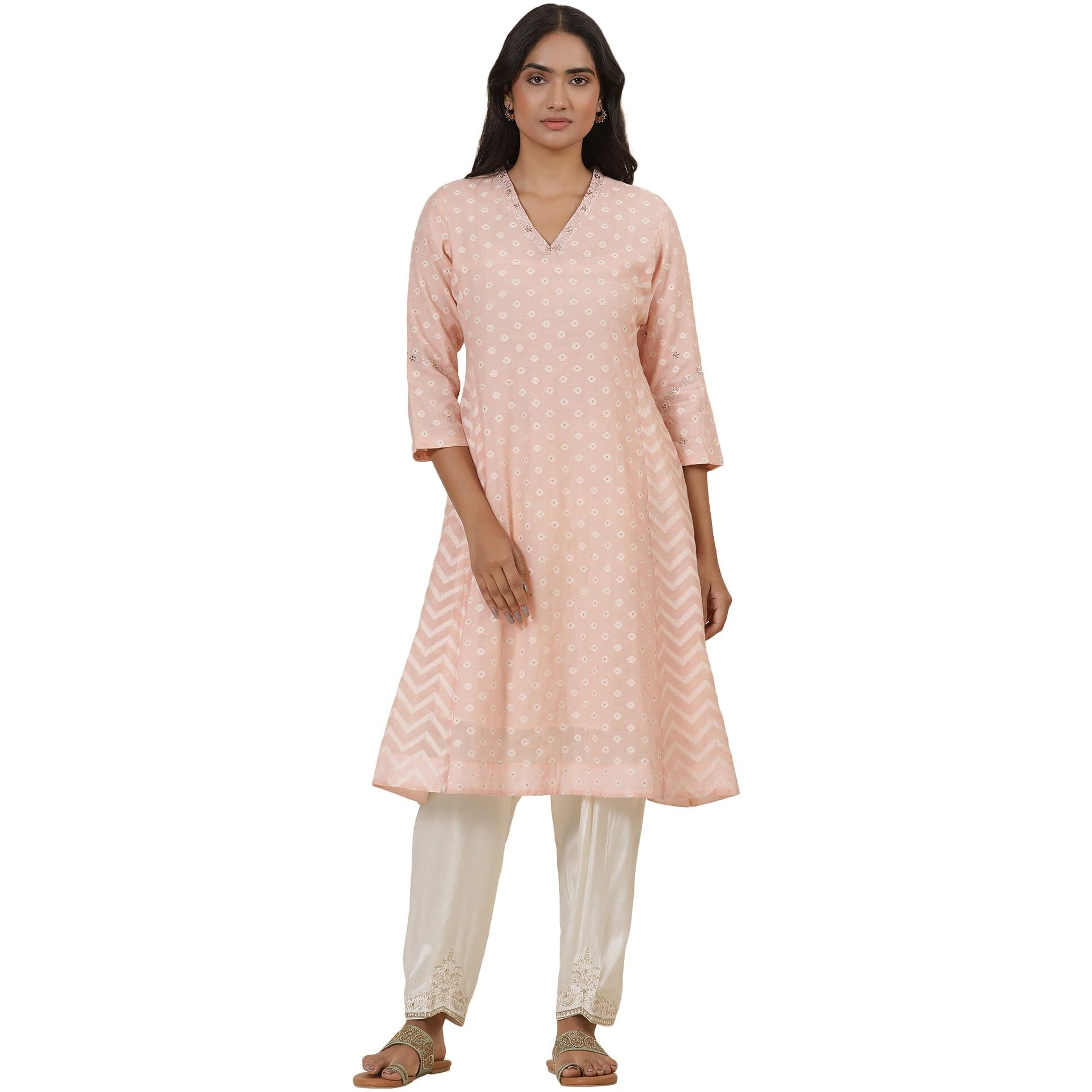 W For Woman Folksong Pink Festive Geometric Print Flared Kurta_24Maf11752-930316_Xl