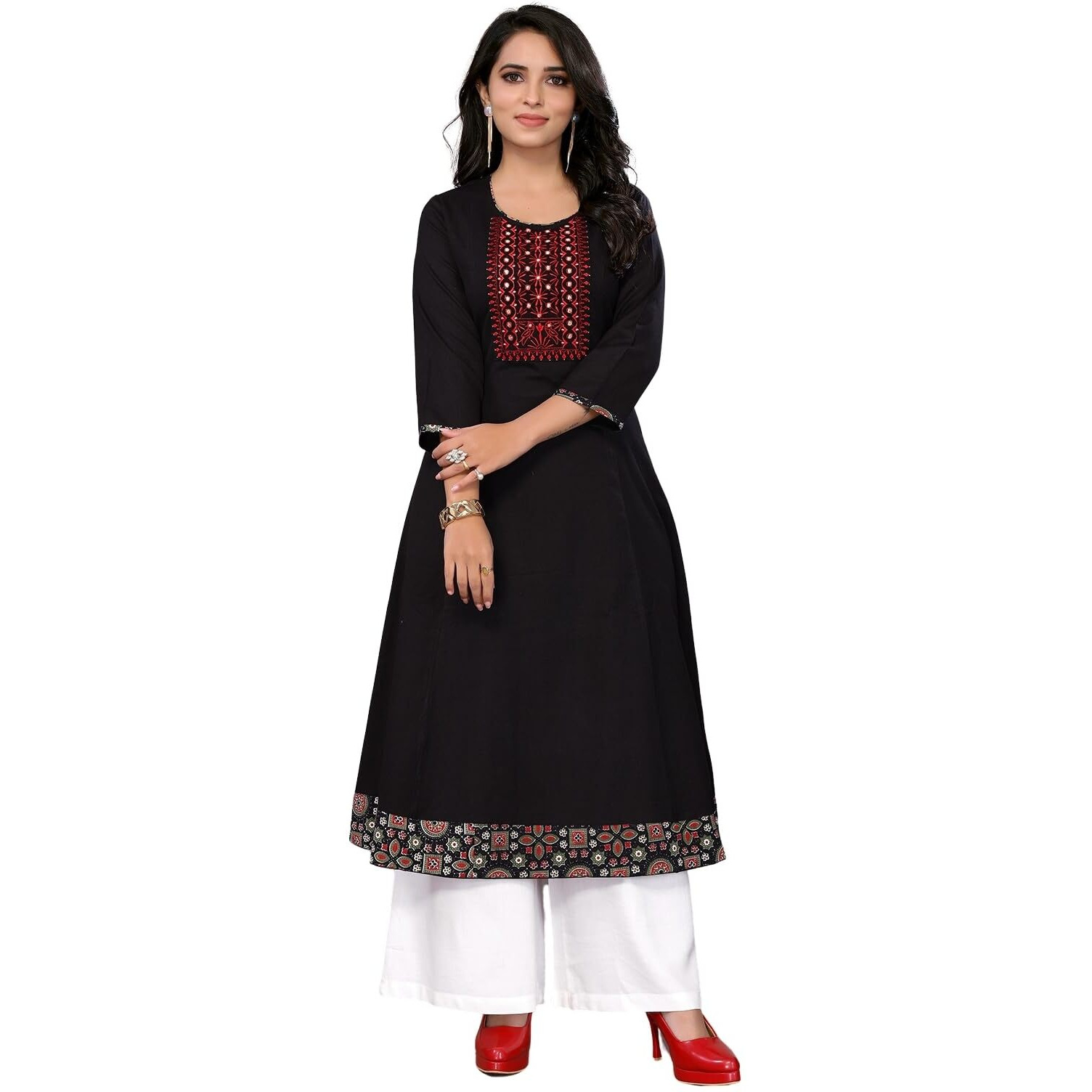Rangita Black Cotton Calf Length Embroidered Flared Kurti | Kurta For Women_M