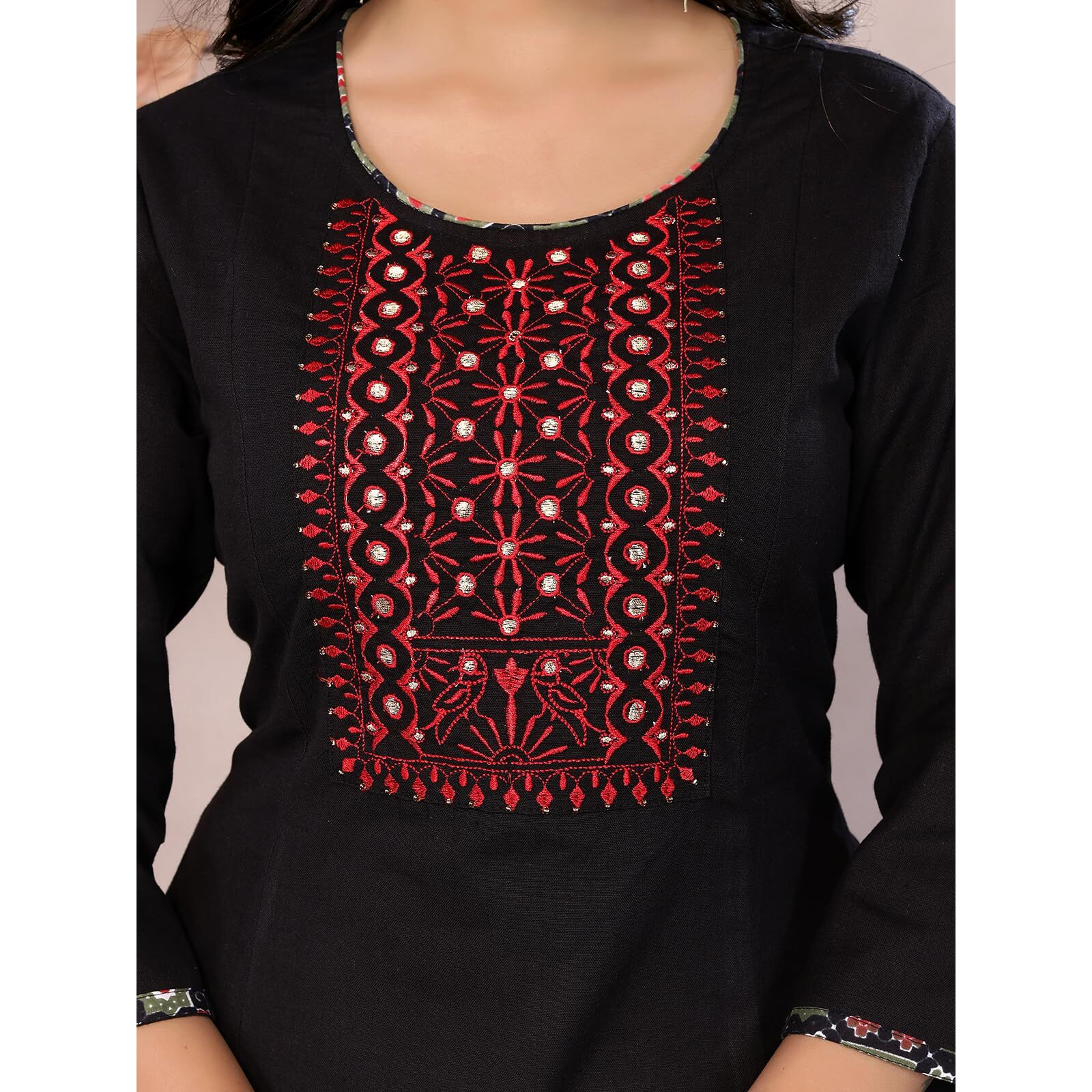 Rangita Black Cotton Calf Length Embroidered Flared Kurti | Kurta For Women_M