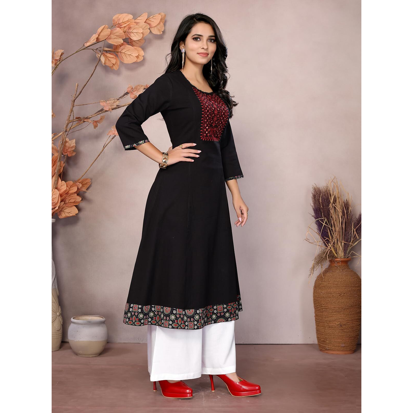 Rangita Black Cotton Calf Length Embroidered Flared Kurti | Kurta For Women_M