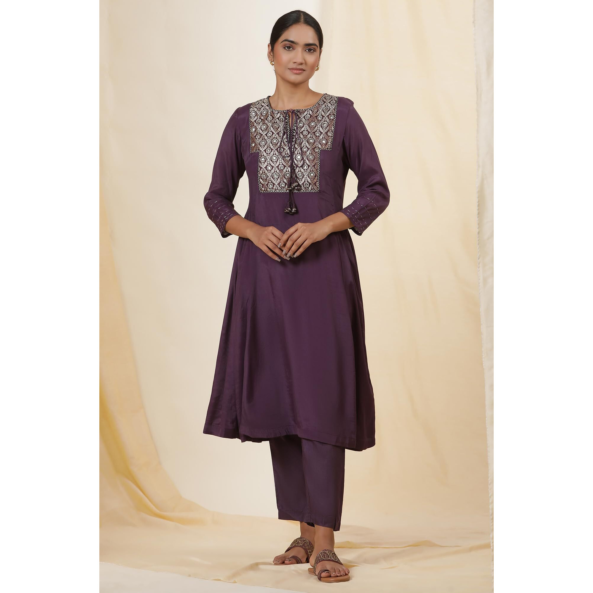 W For Woman Folksong Purple Festive Solid Viscose Flared Kurta_24Maf11763-920863_Xl