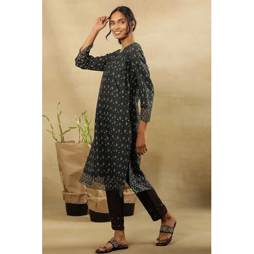 W For Woman Folksong By W Women Grey Festive Printed Cotton Straight Kurta_24Maf11838-911273_L