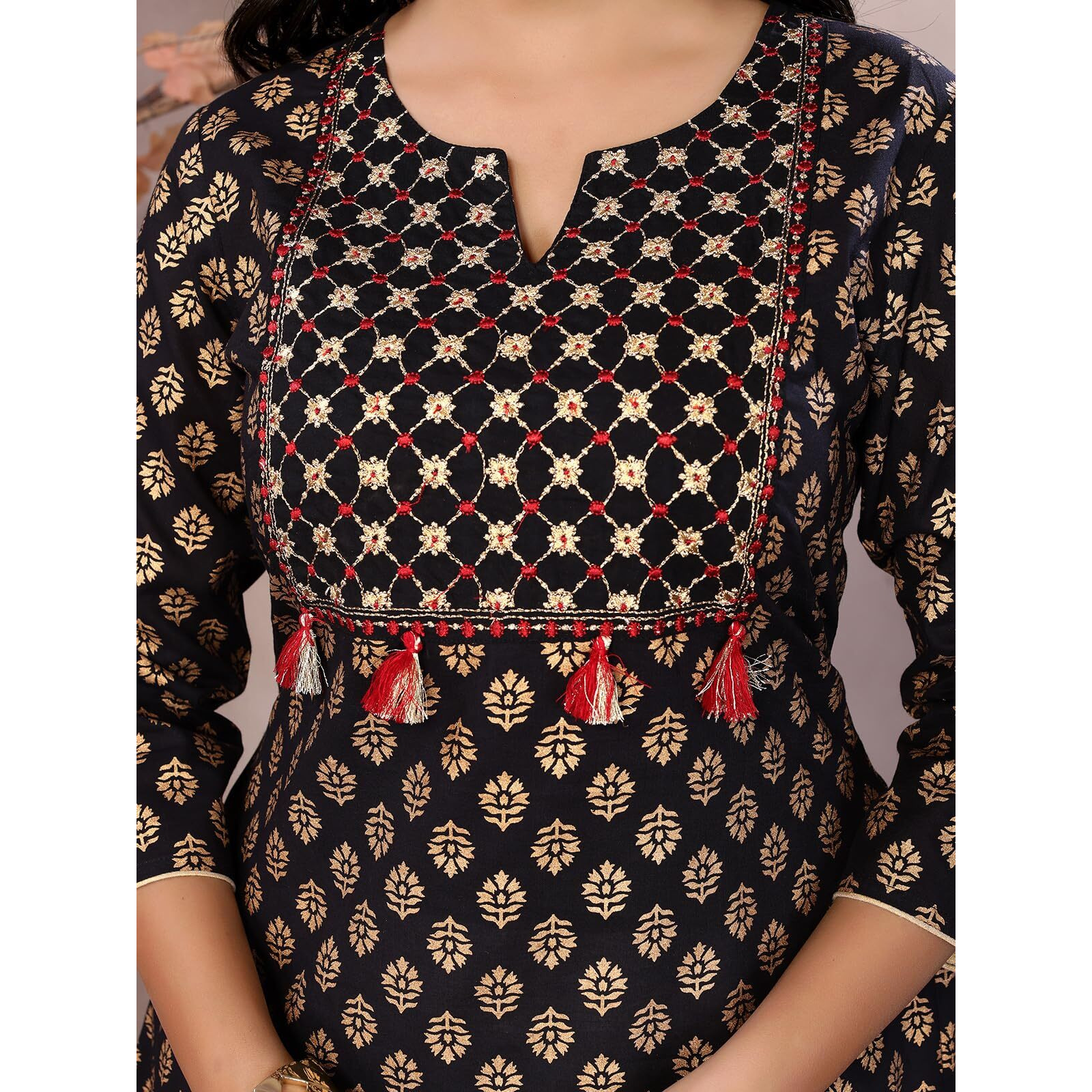Rangita Black Cotton Calf Length Embroidered A-Line Kurti | Kurta For Women_M
