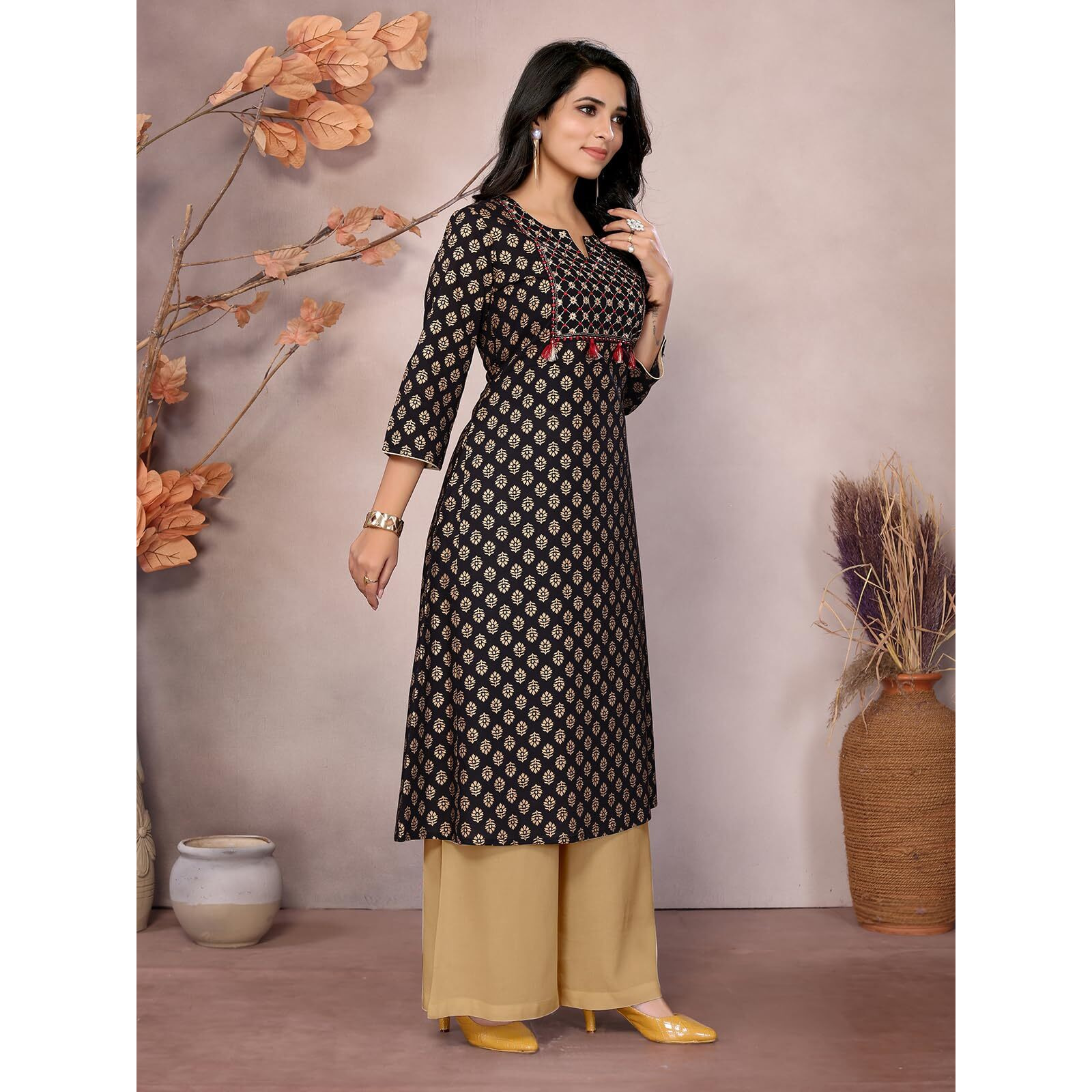 Rangita Black Cotton Calf Length Embroidered A-Line Kurti | Kurta For Women_M