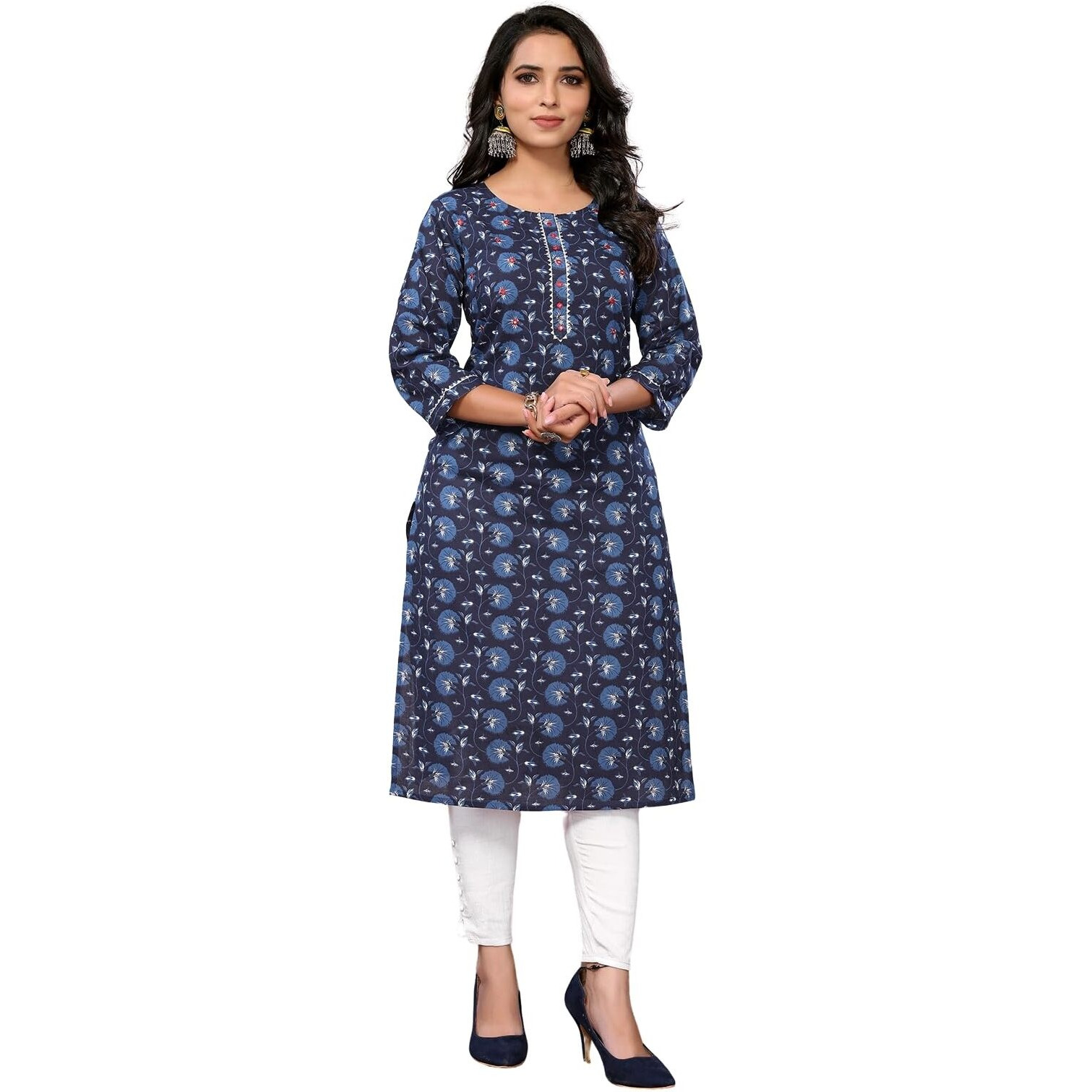 Rangita Blue Cotton Knee Length Embroidered Straight Kurti | Kurta For Women_2Xl
