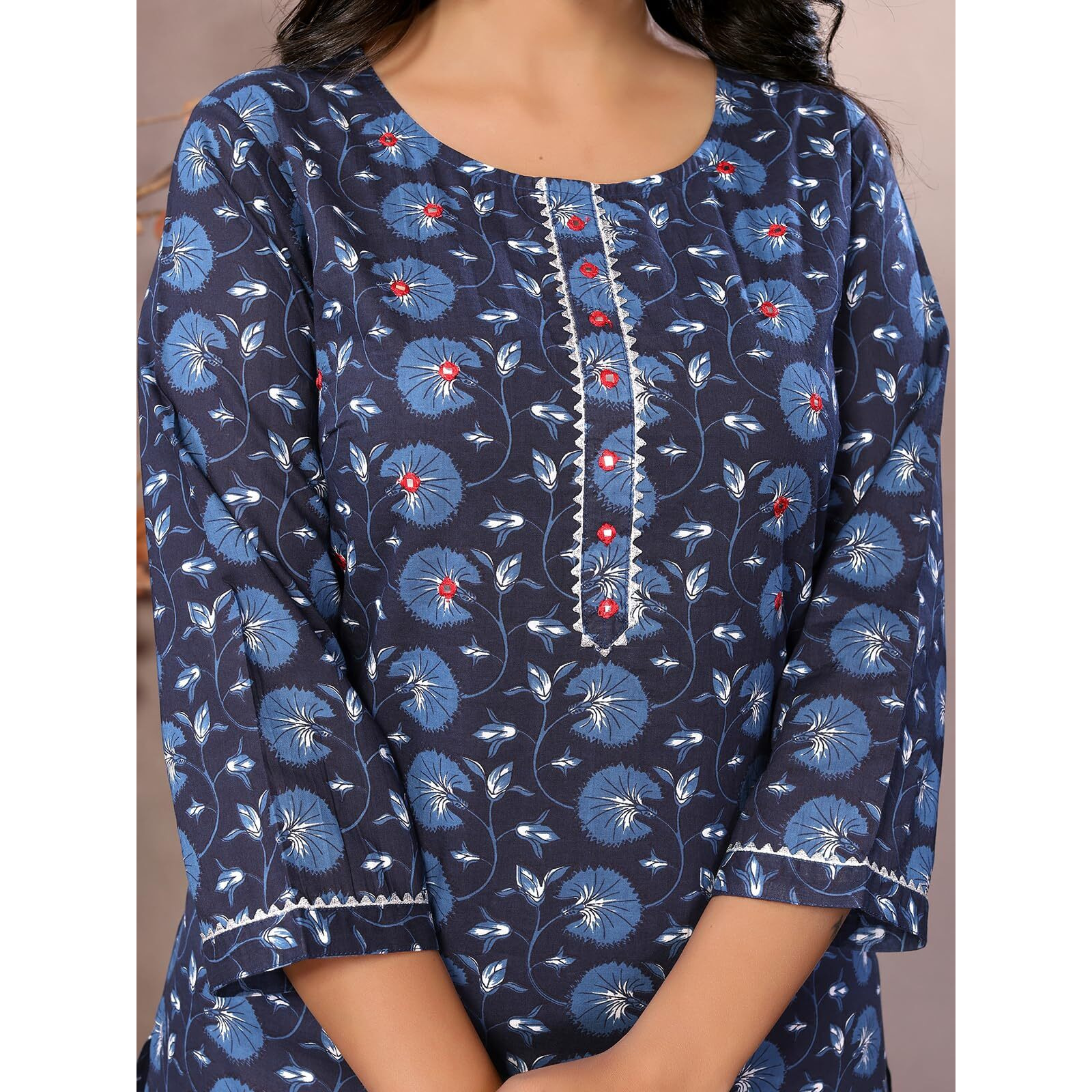 Rangita Blue Cotton Knee Length Embroidered Straight Kurti | Kurta For Women_2Xl