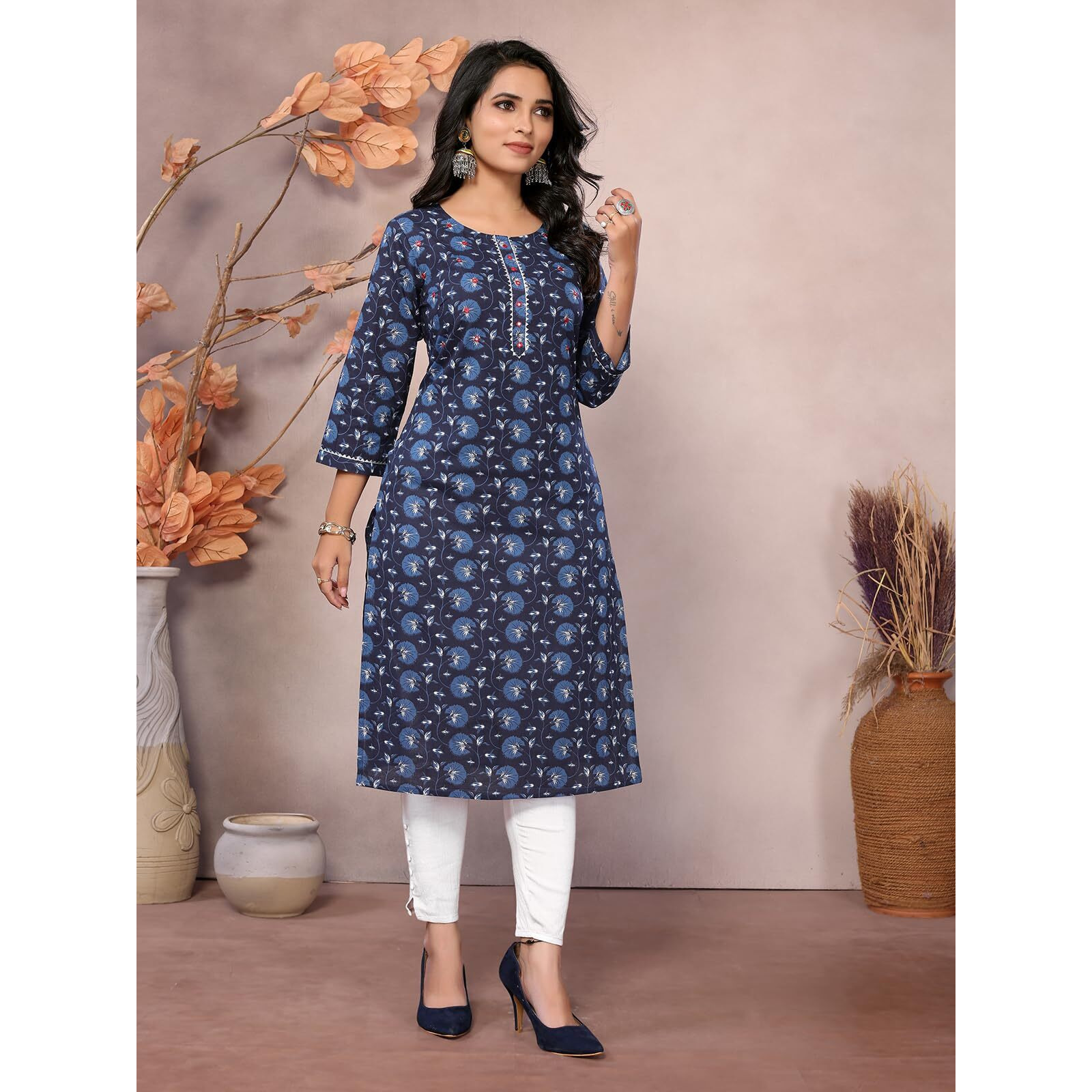 Rangita Blue Cotton Knee Length Embroidered Straight Kurti | Kurta For Women_2Xl