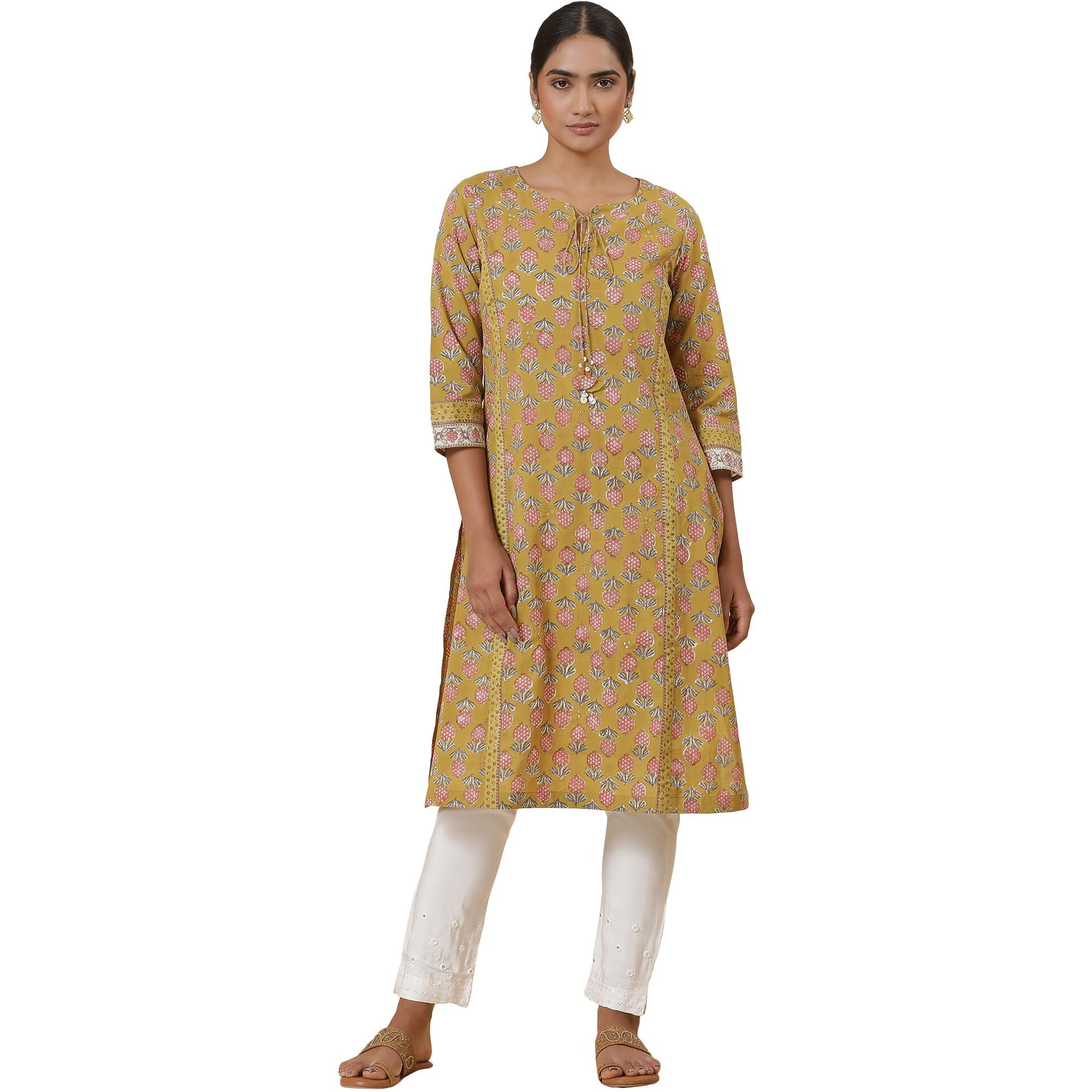 W For Woman Folksong Yellow Printed Cotton Straight Kurta_24Maf11905-911373_L
