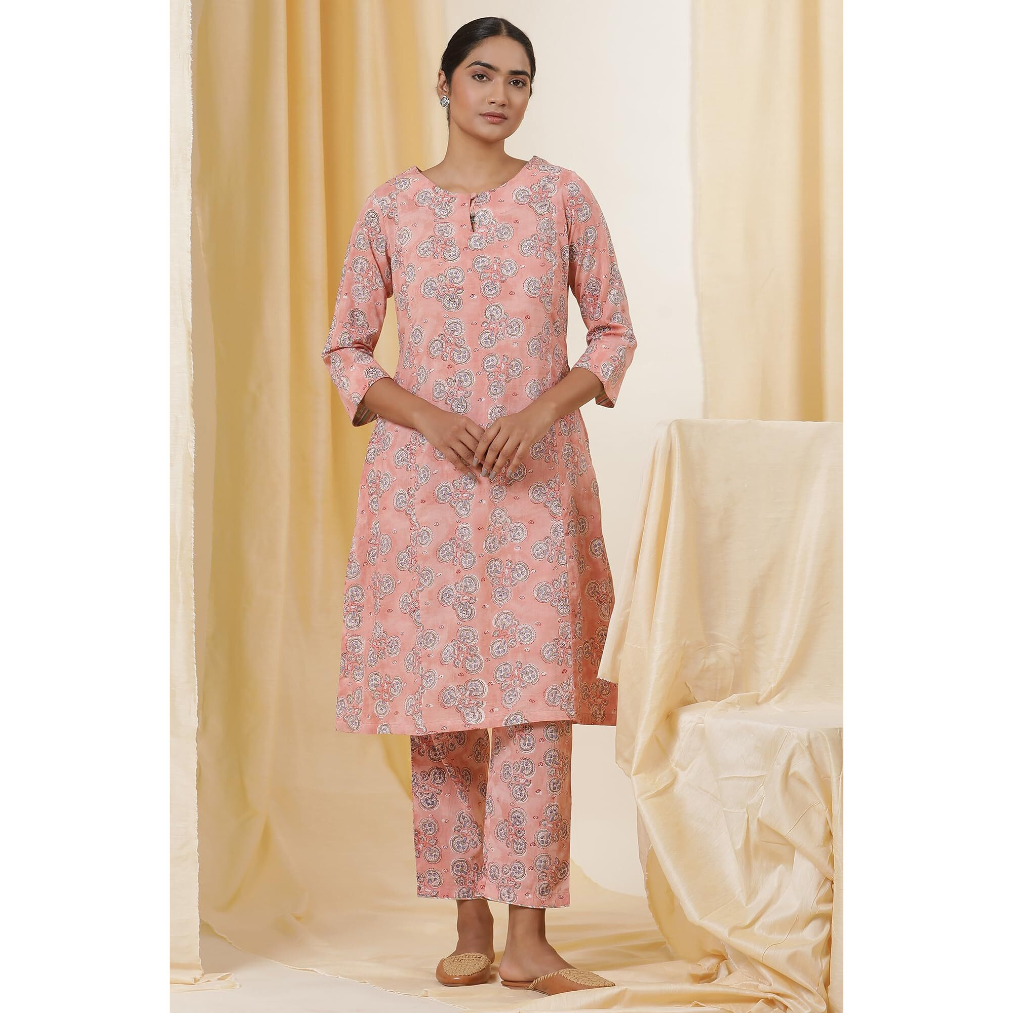 W For Woman Folksong Pink Floral Print Cotton Straight Kurta & Straight Pant_24Mafs11926-911431_L