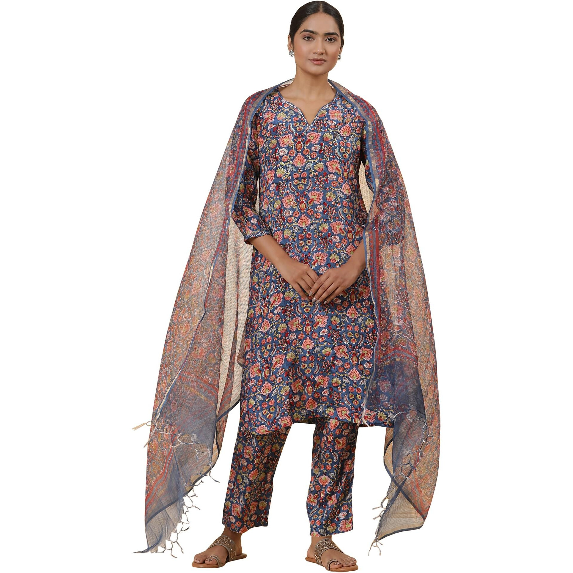 W For Woman Folksong Blue Printed Viscose Straight Kurta, Salwar Pant & Dupatta_24Mafs11930-911441_L