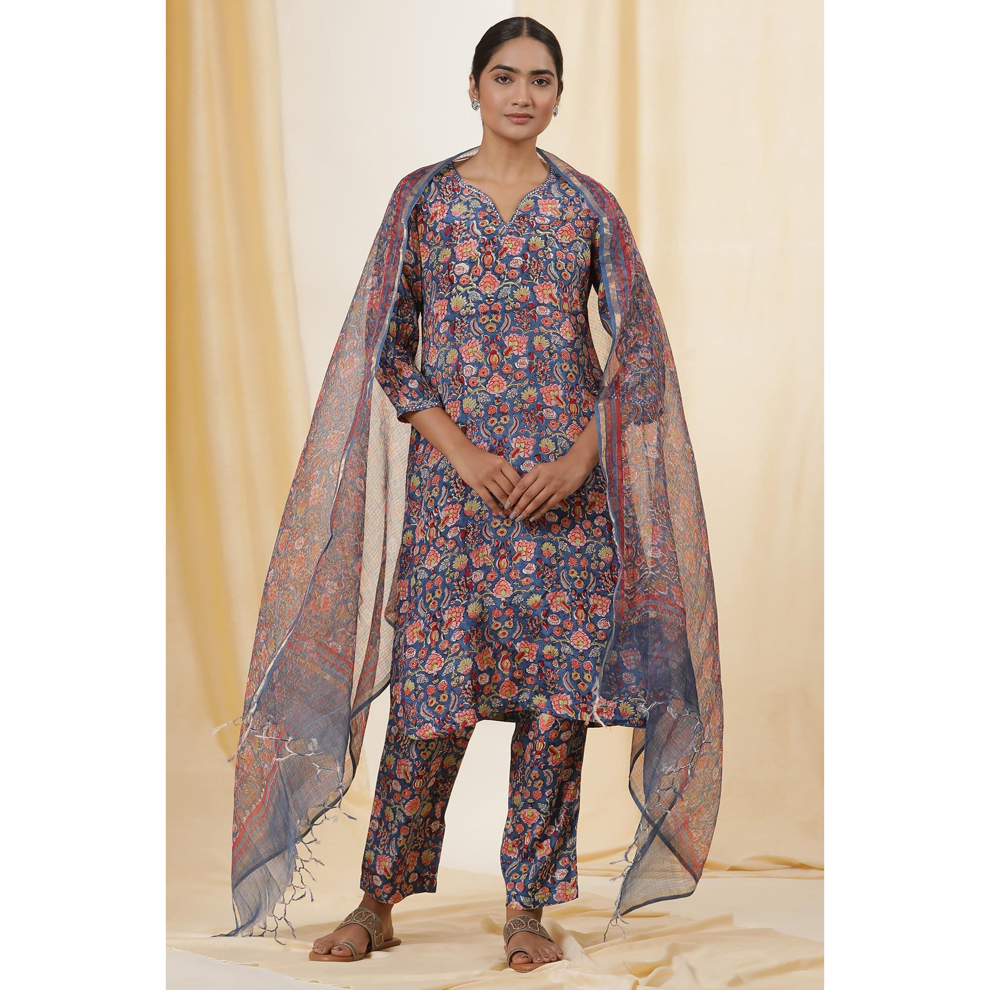 W For Woman Folksong Blue Printed Viscose Straight Kurta, Salwar Pant & Dupatta_24Mafs11930-911441_L