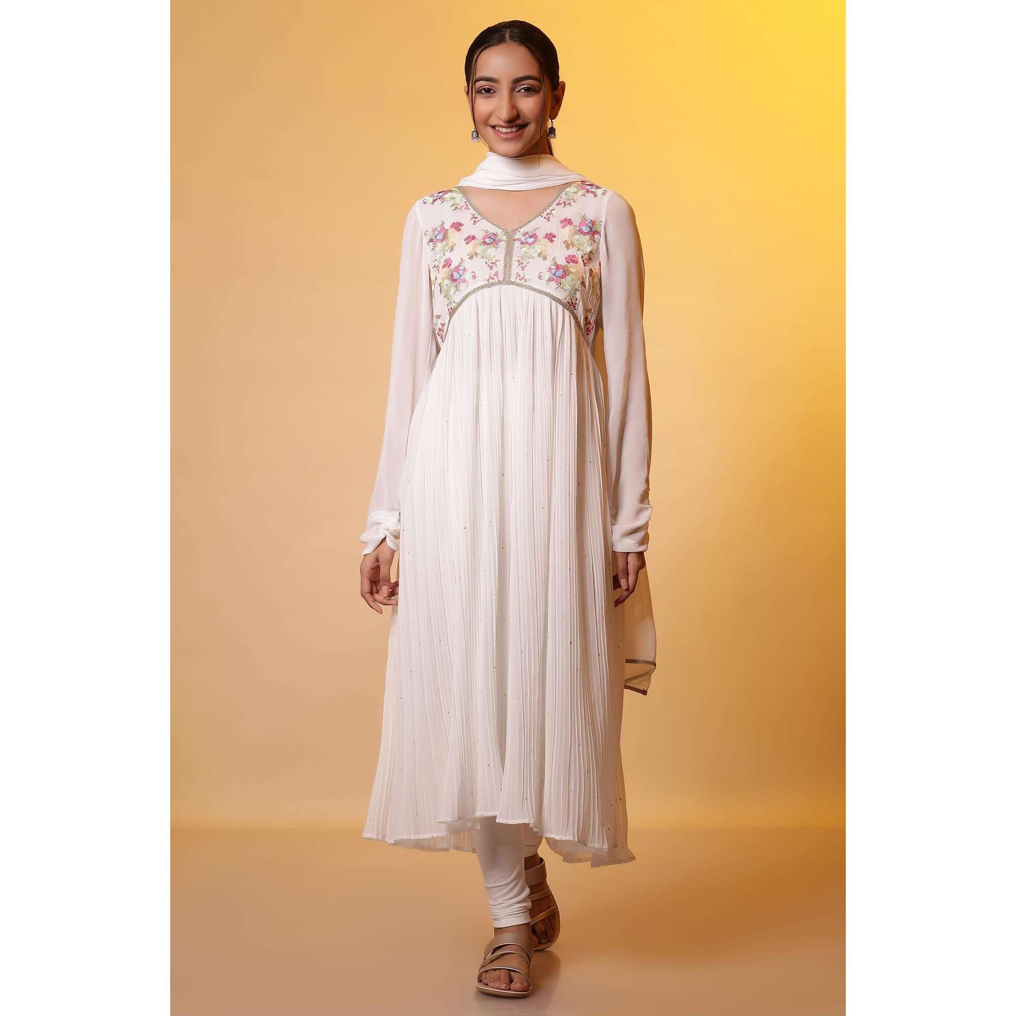 Aurelia Off-White Embroidered High-Slits Kurta, Tights And Dupatta Set (Size L)-24Fed10644-507790