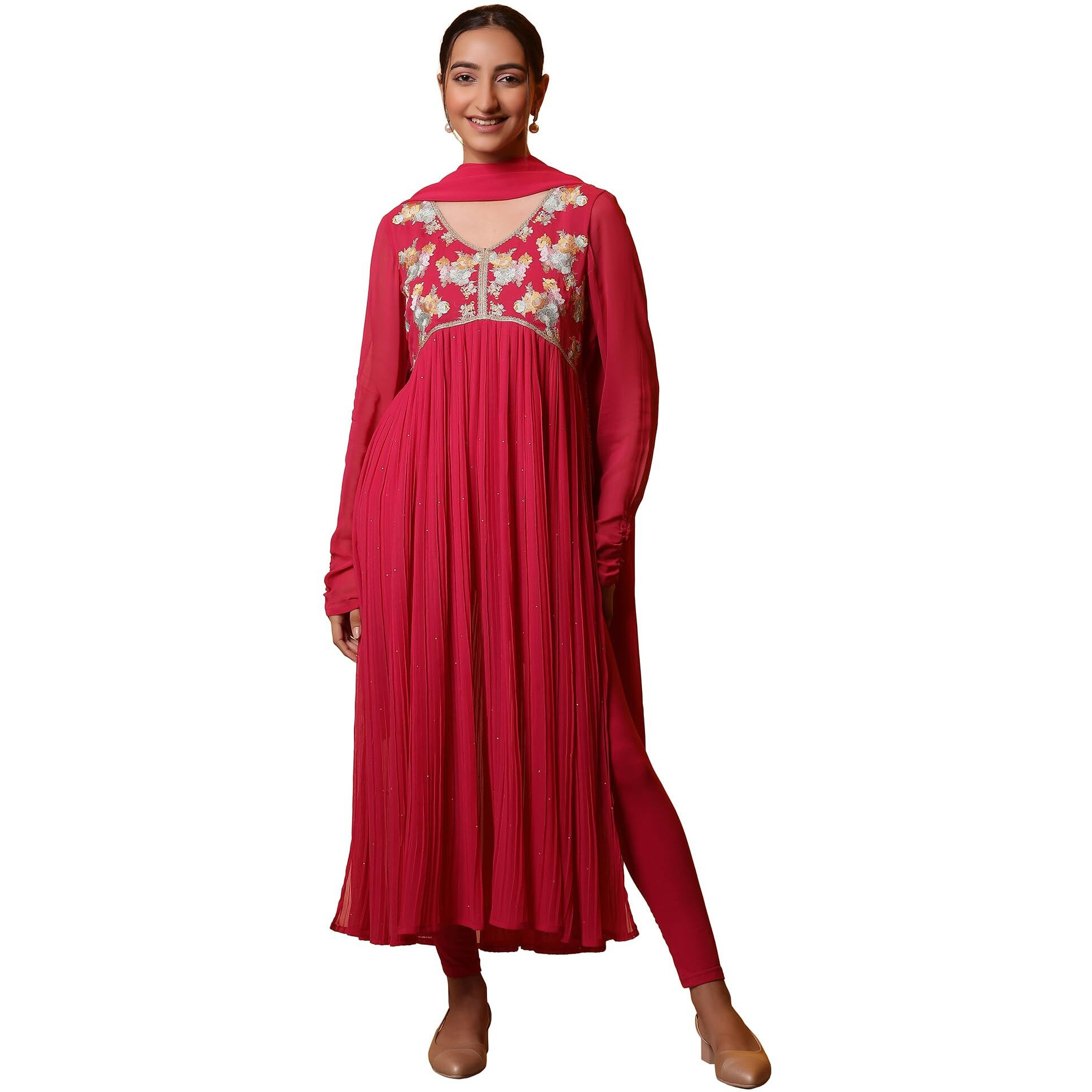 Aurelia Pink Embroidered High-Slits Kurta, Tights And Dupatta Set (Size Xl)-24Fed10644-507788