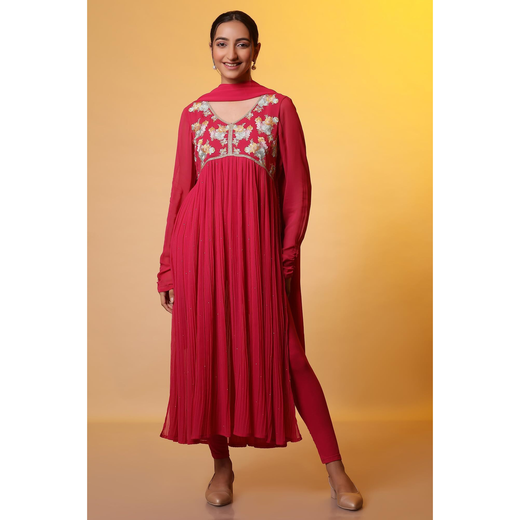 Aurelia Pink Embroidered High-Slits Kurta, Tights And Dupatta Set (Size Xl)-24Fed10644-507788