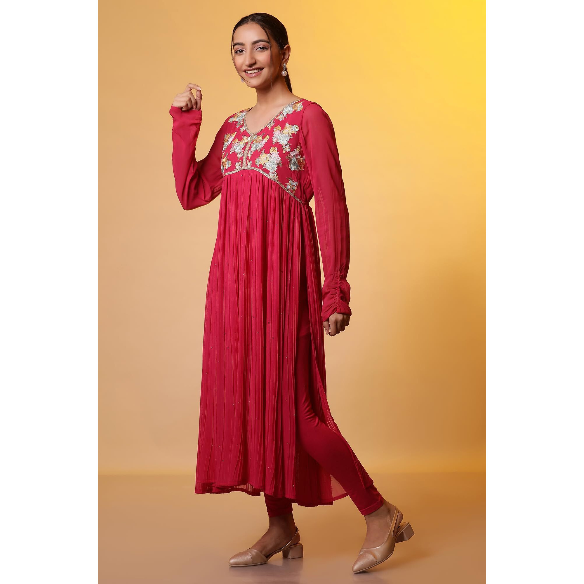 Aurelia Pink Embroidered High-Slits Kurta, Tights And Dupatta Set (Size Xl)-24Fed10644-507788