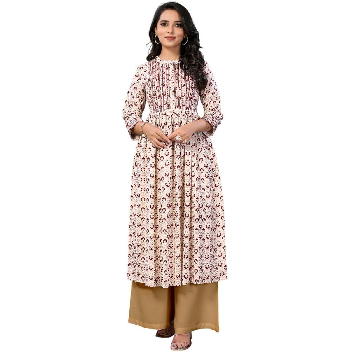 Rangita Off White Rayon Calf Length Embroidered Flared Kurti | Kurta For Women_M
