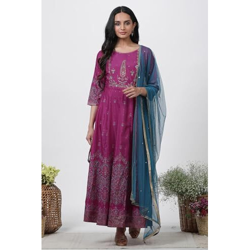 W For Woman Purple Festive Floral Print Shantung Flared Dress & Dupatta_22Auws18409-119794_M