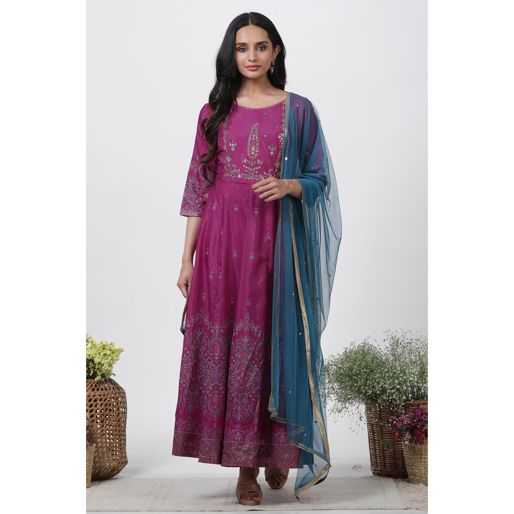 W For Woman Purple Festive Floral Print Shantung Flared Dress & Dupatta_22Auws18409-119794_Xs