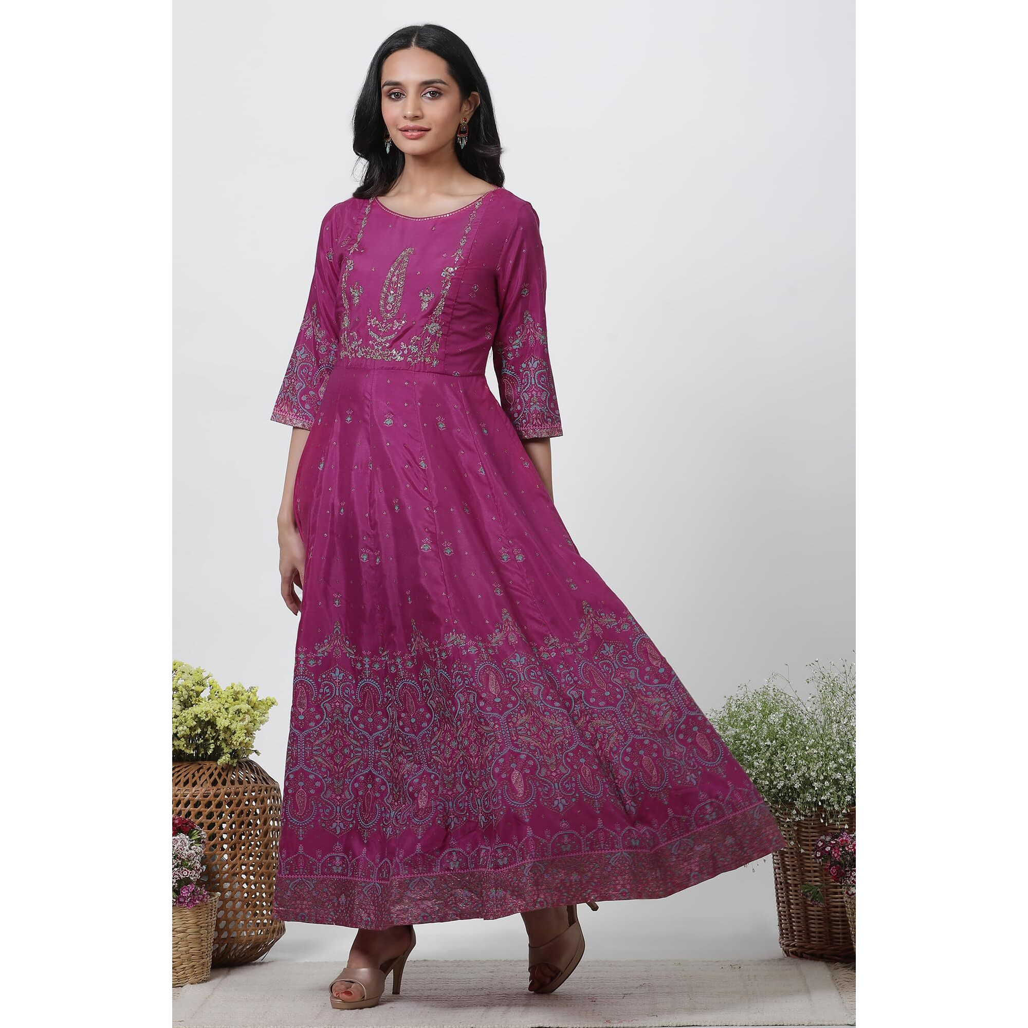W For Woman Purple Festive Floral Print Shantung Flared Dress & Dupatta_22Auws18409-119794_Xs