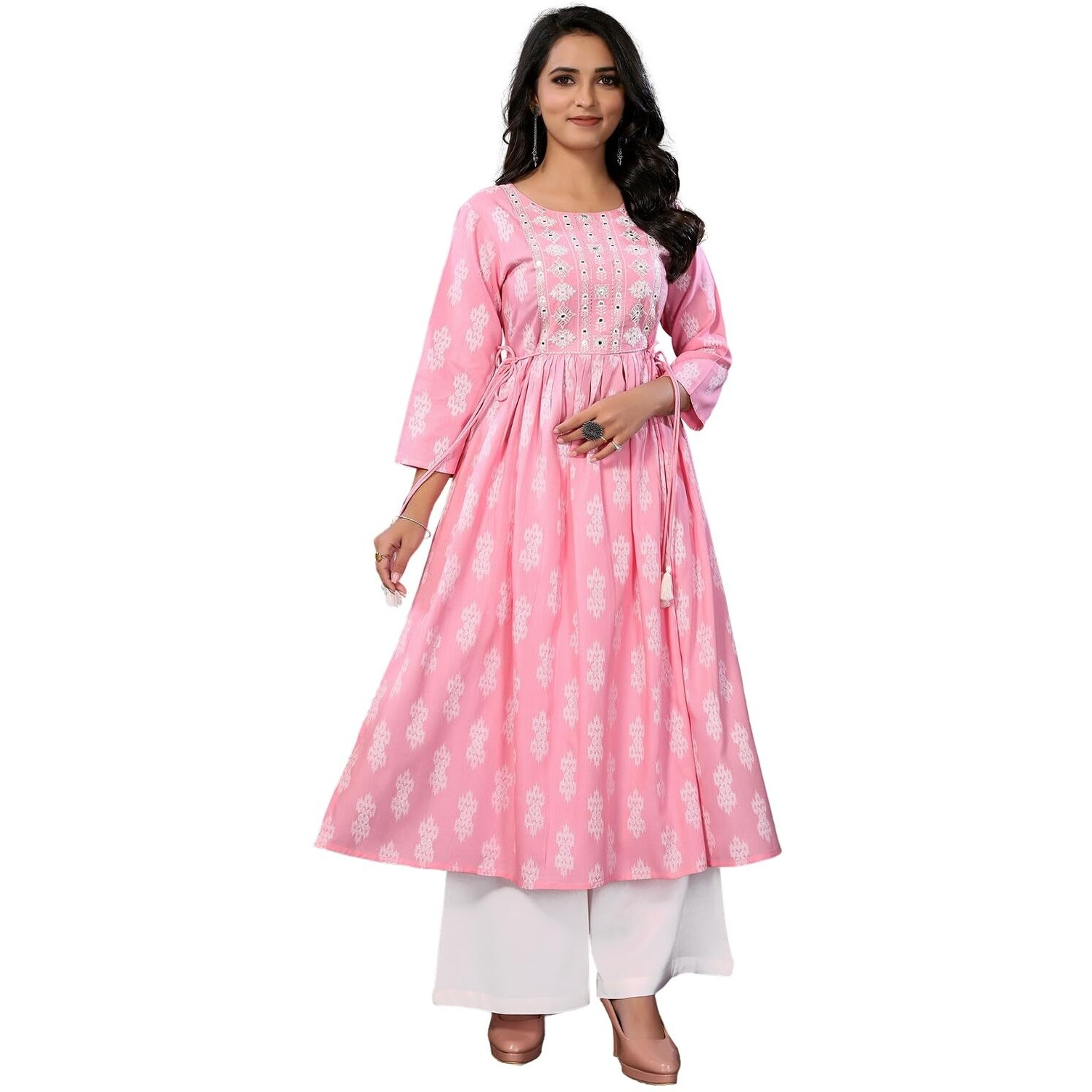 Rangita Pink Rayon Calf Length Embroidered A-Line Kurti With Drawstring | Kurta For Women_M