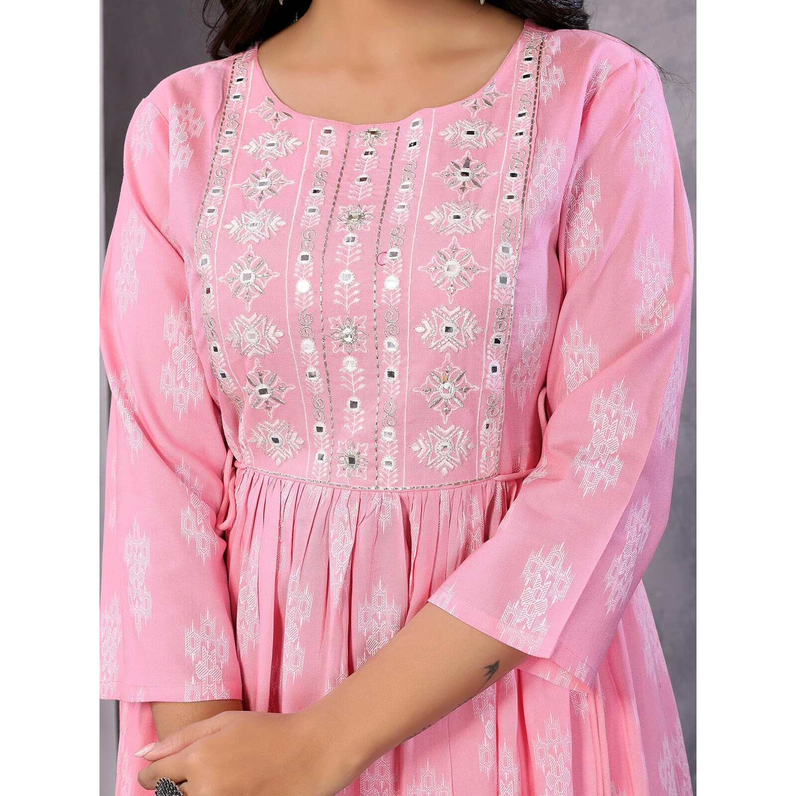 Rangita Pink Rayon Calf Length Embroidered A-Line Kurti With Drawstring | Kurta For Women_M