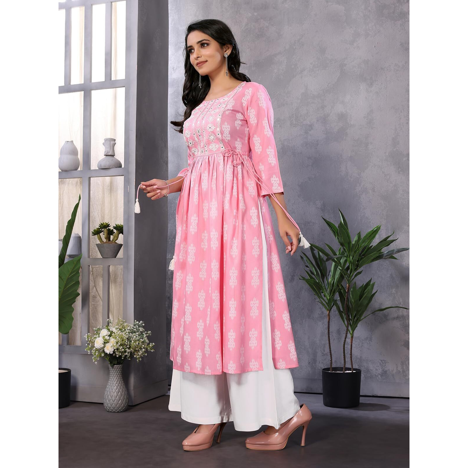 Rangita Pink Rayon Calf Length Embroidered A-Line Kurti With Drawstring | Kurta For Women_M