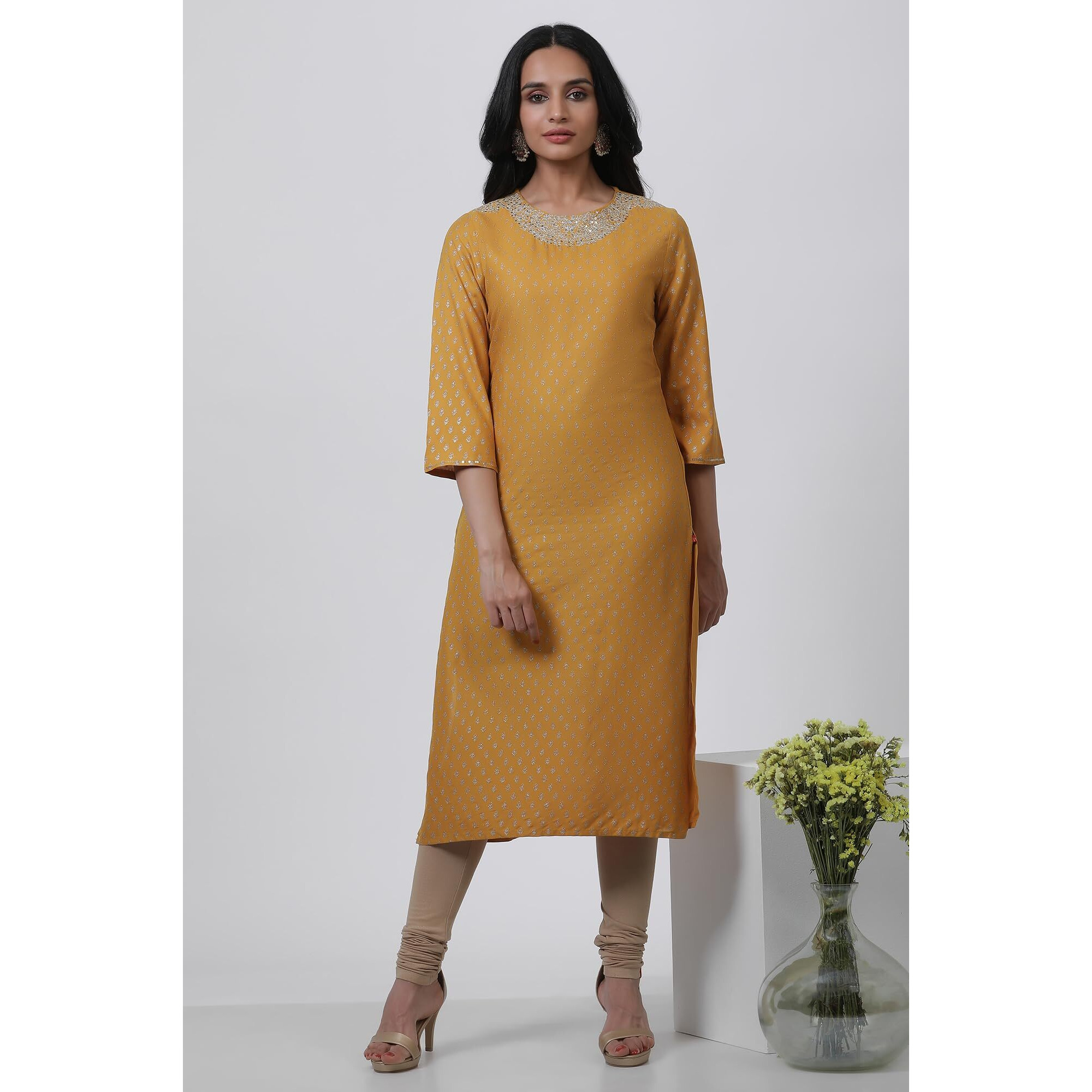 W For Woman Yellow Festive Floral Print Viscose Straight Kurta Set With Churidar_22Auws14110-119917_S