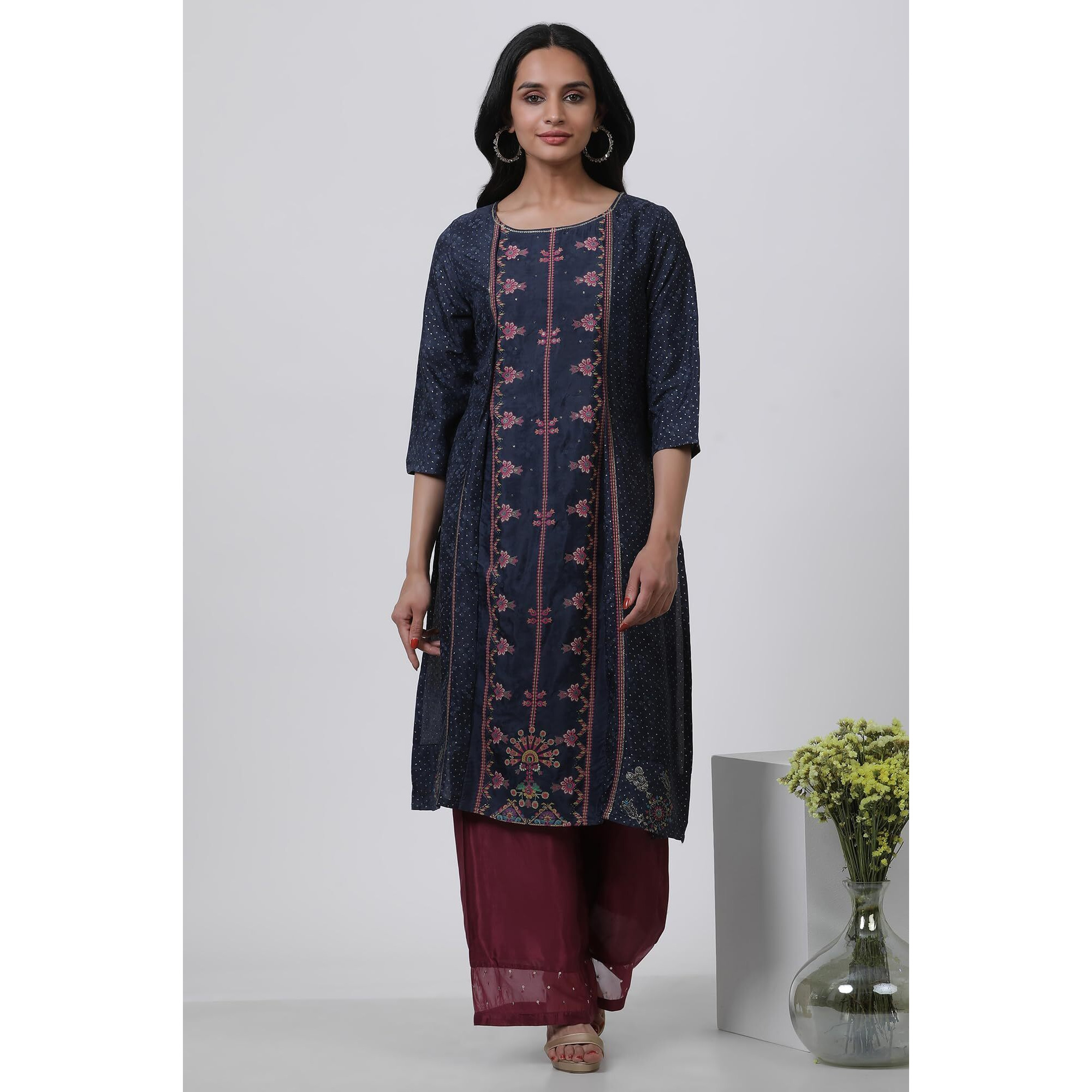 W Dark Blue Floral Printed Glitter Women's Top Palazzo Set