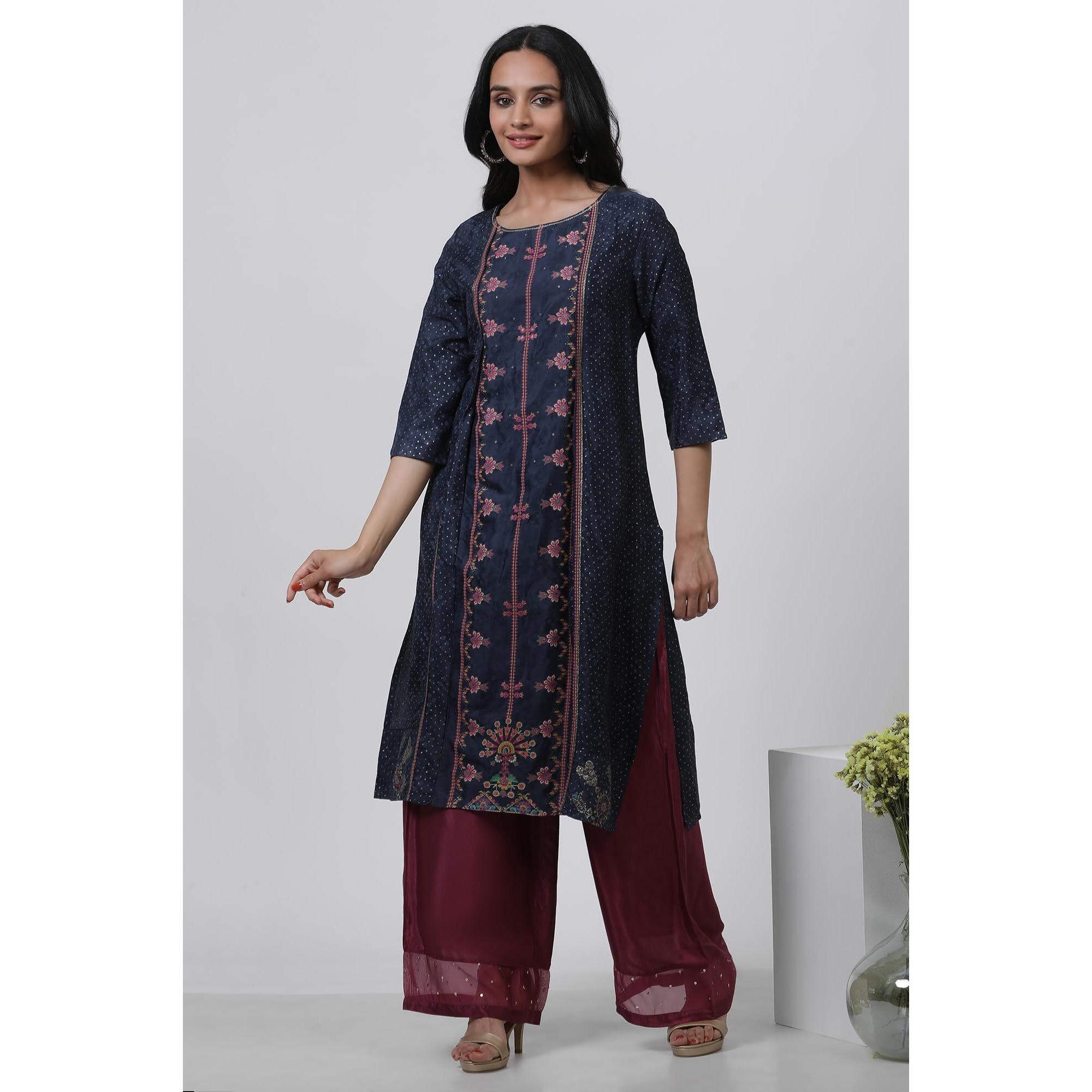 W Dark Blue Floral Printed Glitter Women's Top Palazzo Set