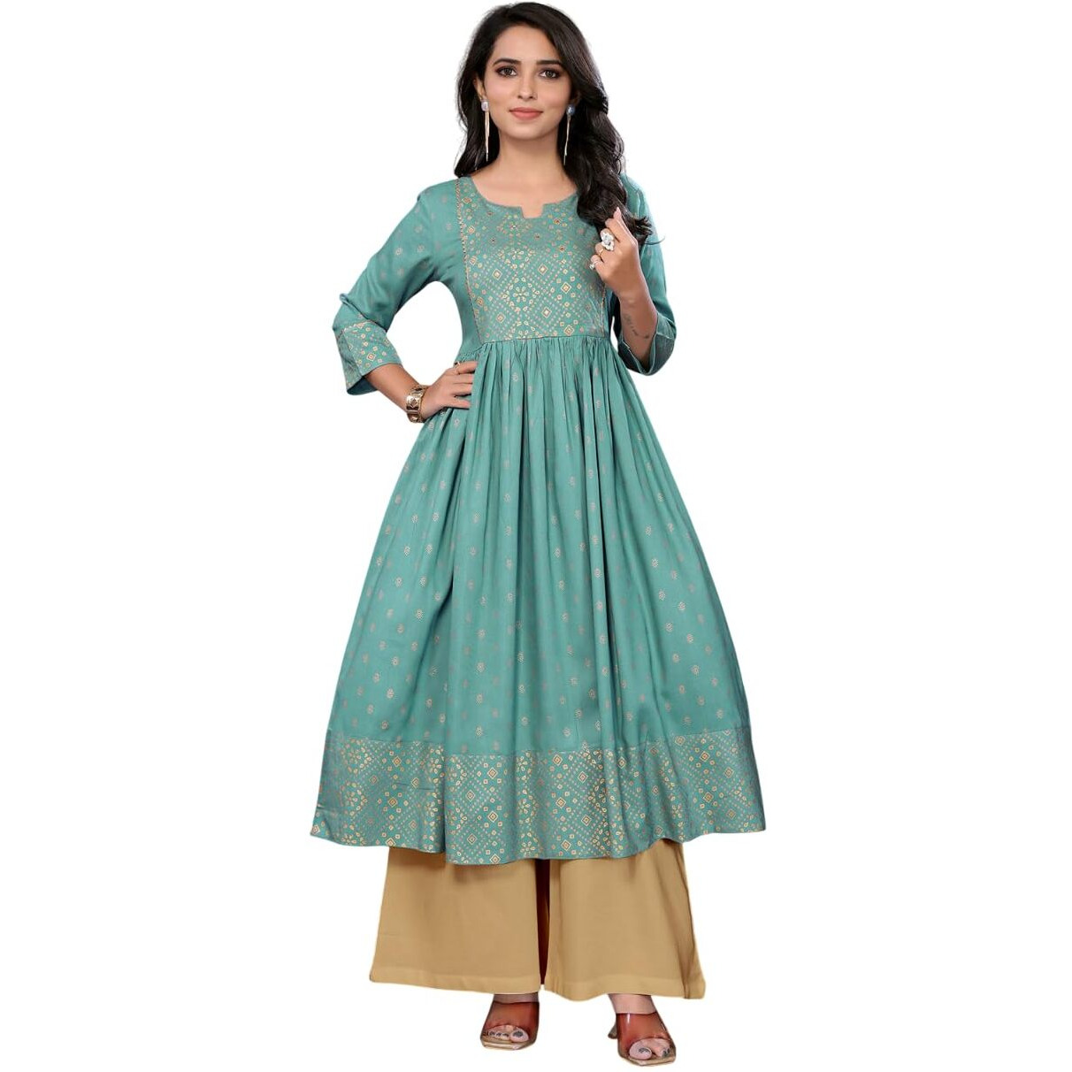 Rangita Sea Green Rayon Calf Length Printed Anarkali Kurti | Kurta For Women_Xl