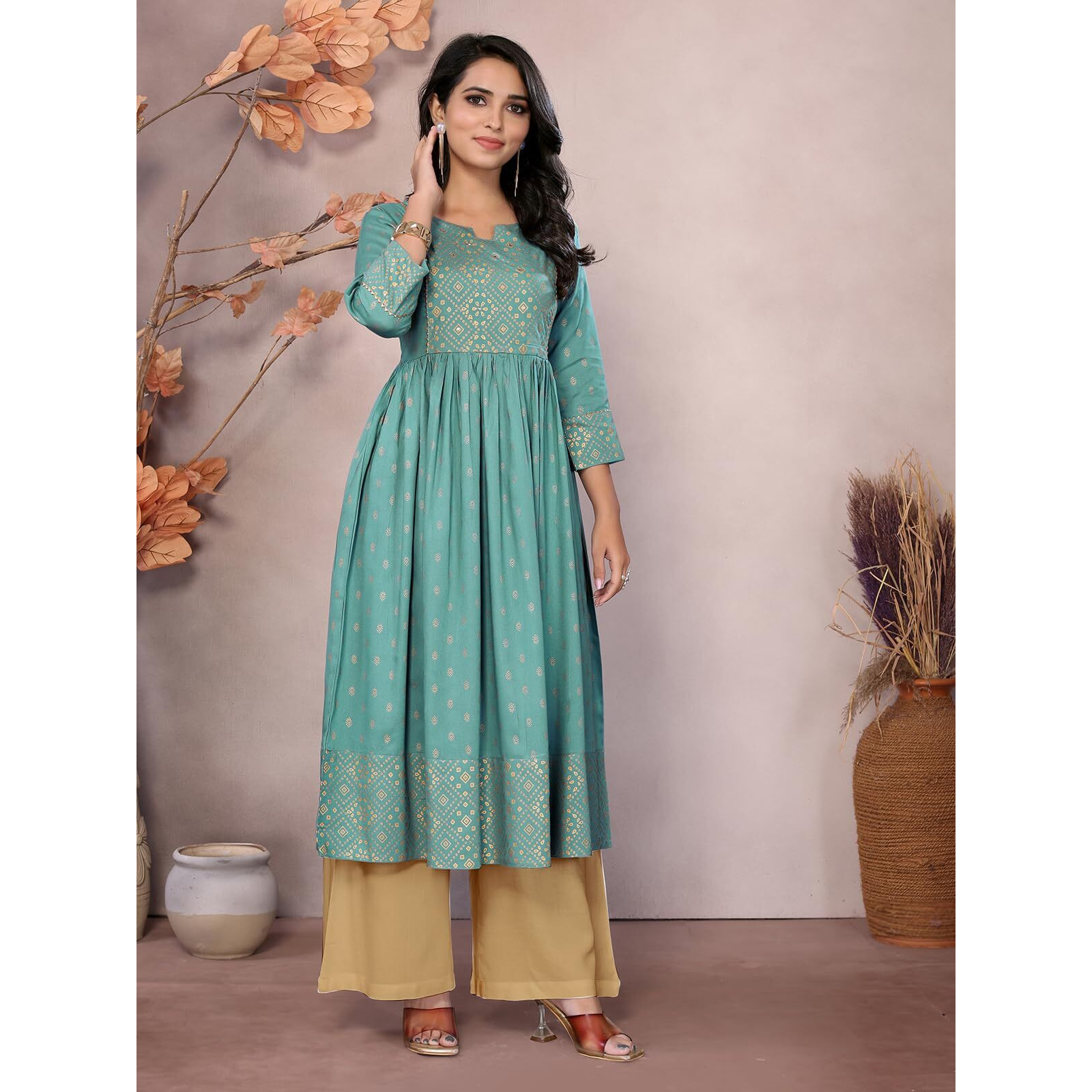 Rangita Sea Green Rayon Calf Length Printed Anarkali Kurti | Kurta For Women_Xl