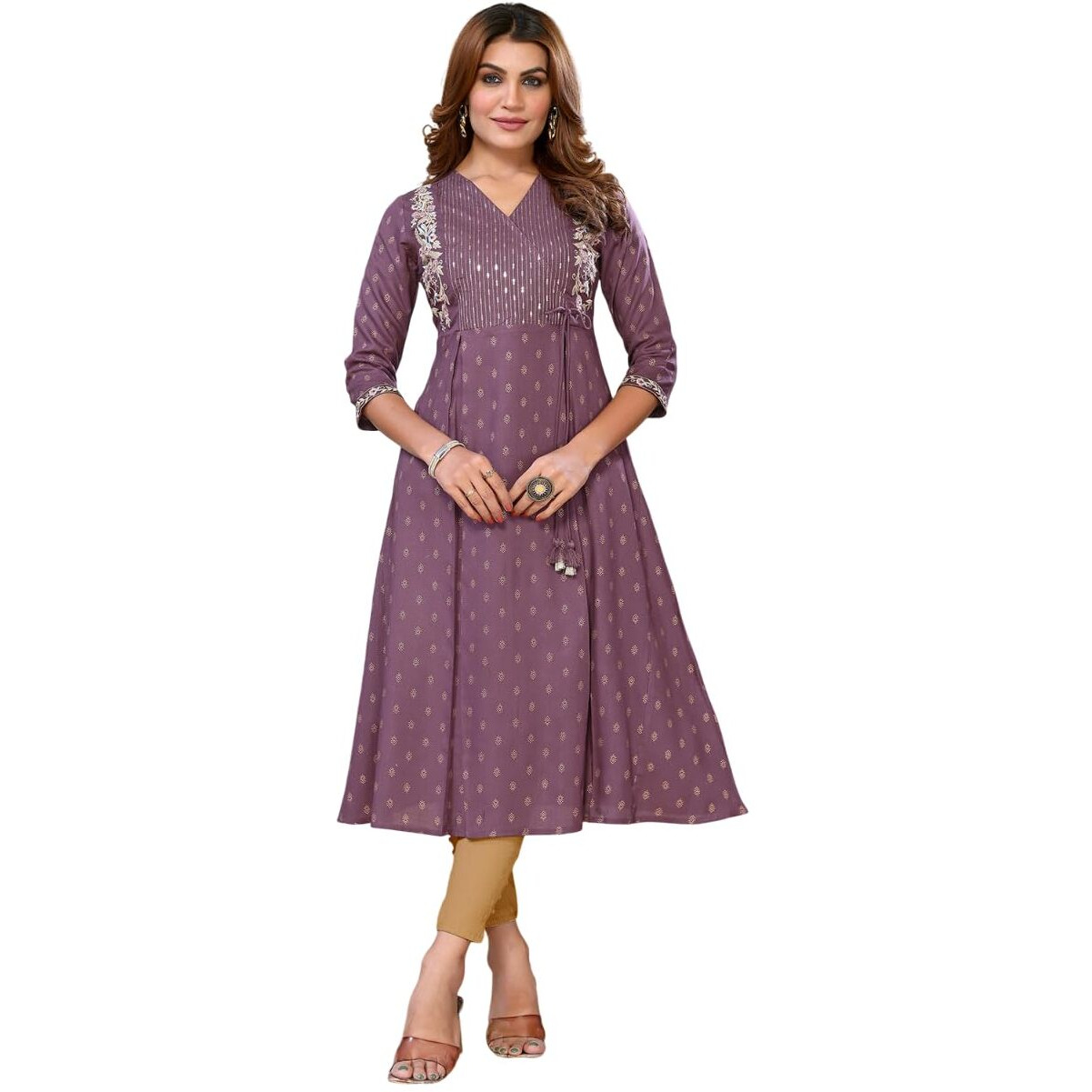 Rangita Wine Rayon Embroidered Calf Length Flared Kurti For Women | Kurta For Women_S