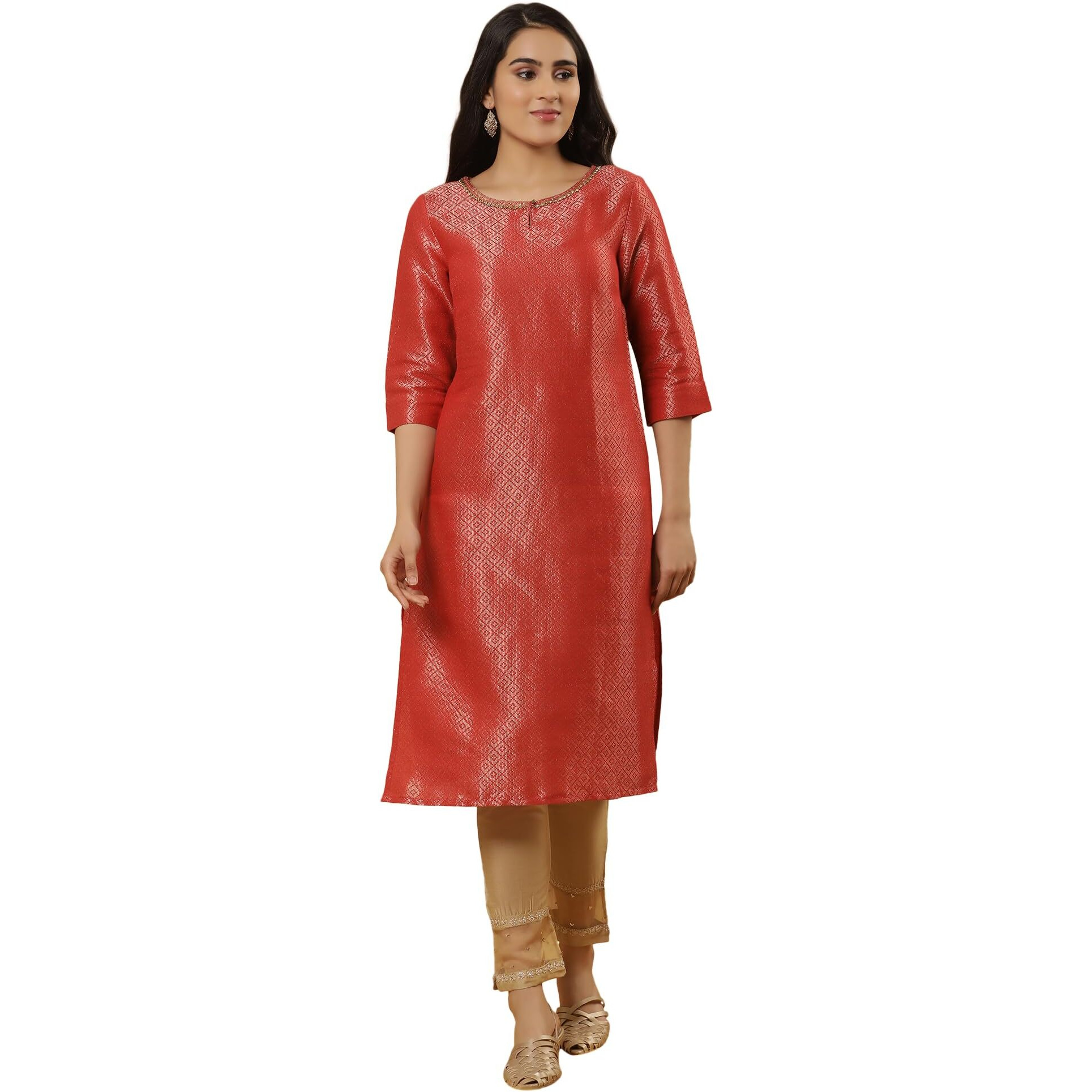 W For Woman Red Embellished Dobby Kurta And Gold Slim Pants_22Auws12748-312685_Xl