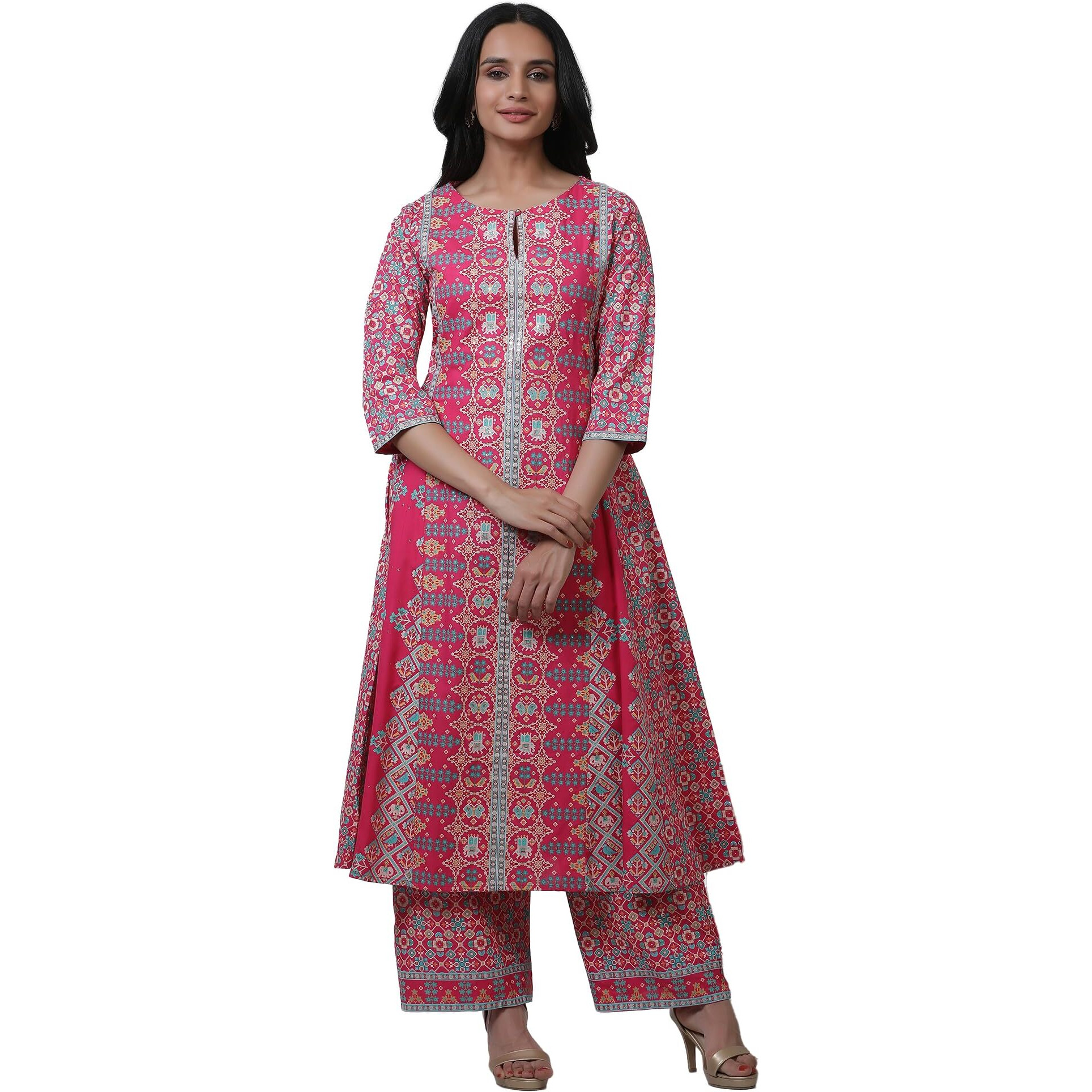 W For Woman Pink Festive Geometric Print Viscose A-Line Kurta Set With Parallel Pant_22Auws17927-119361_Xs