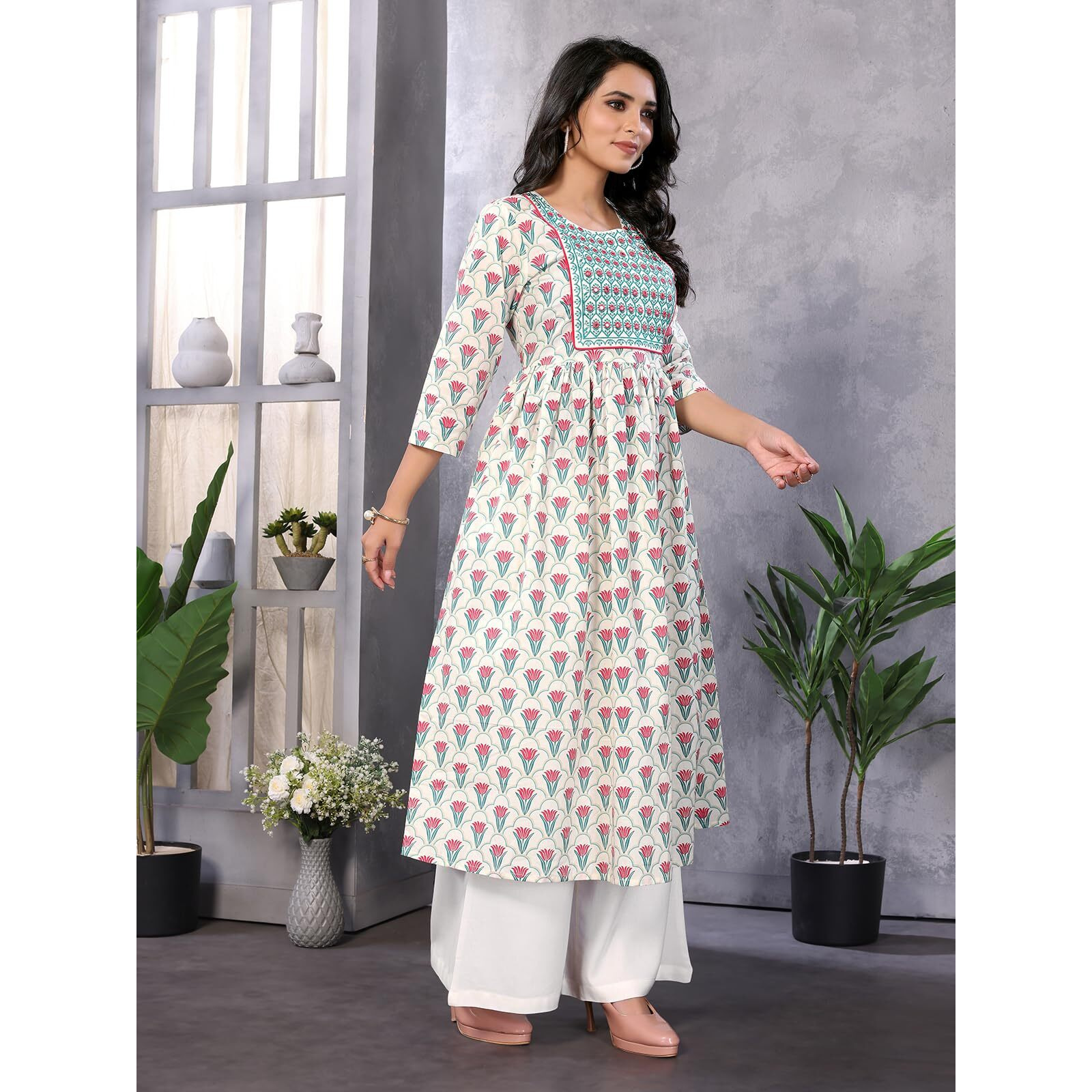 Rangita Off White Cotton Calf Length Embroidered Anarkali Kurti | Kurta For Women_M