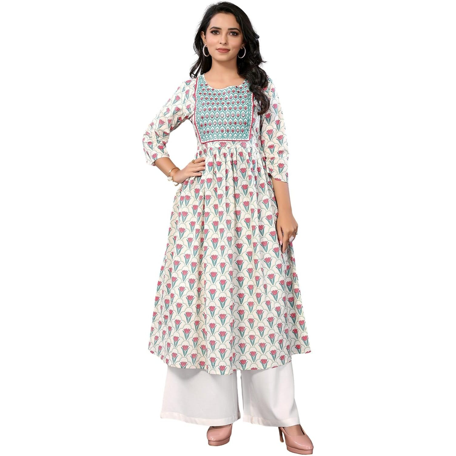 Rangita Off White Cotton Calf Length Embroidered Anarkali Kurti | Kurta For Women_L