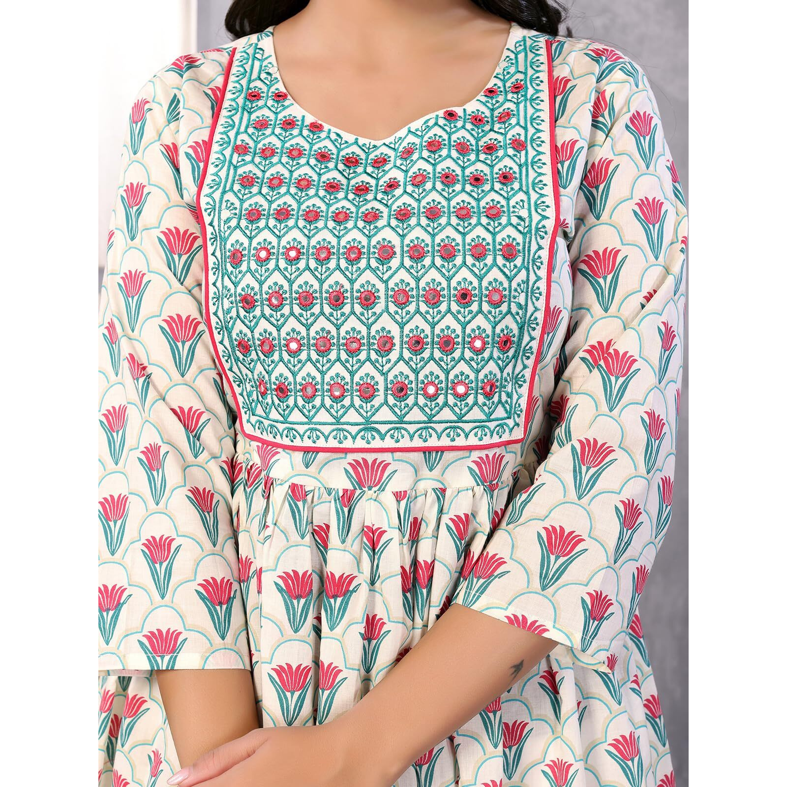 Rangita Off White Cotton Calf Length Embroidered Anarkali Kurti | Kurta For Women_L