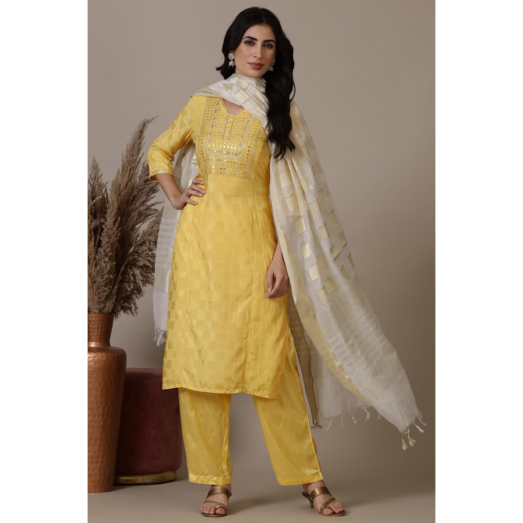 Aurelia Yellow Mirror Work Straight Kurta, Palazzo And Dupatta Set (Size L)-24Auas15107-607235