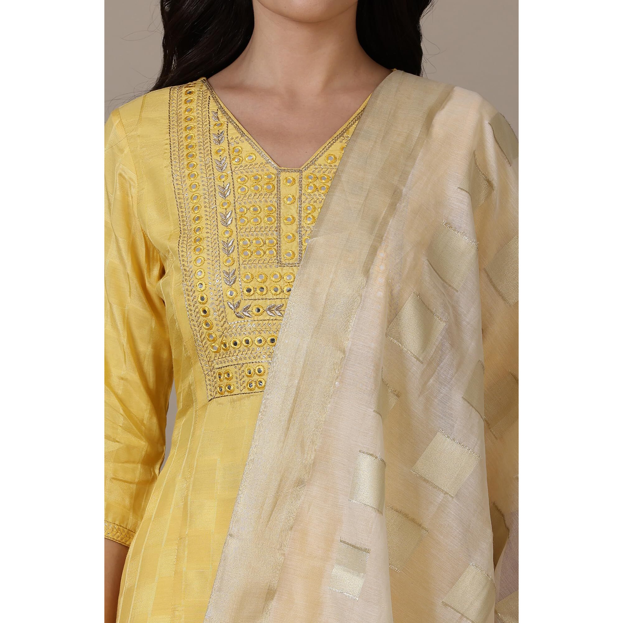 Aurelia Yellow Mirror Work Straight Kurta, Palazzo And Dupatta Set (Size L)-24Auas15107-607235