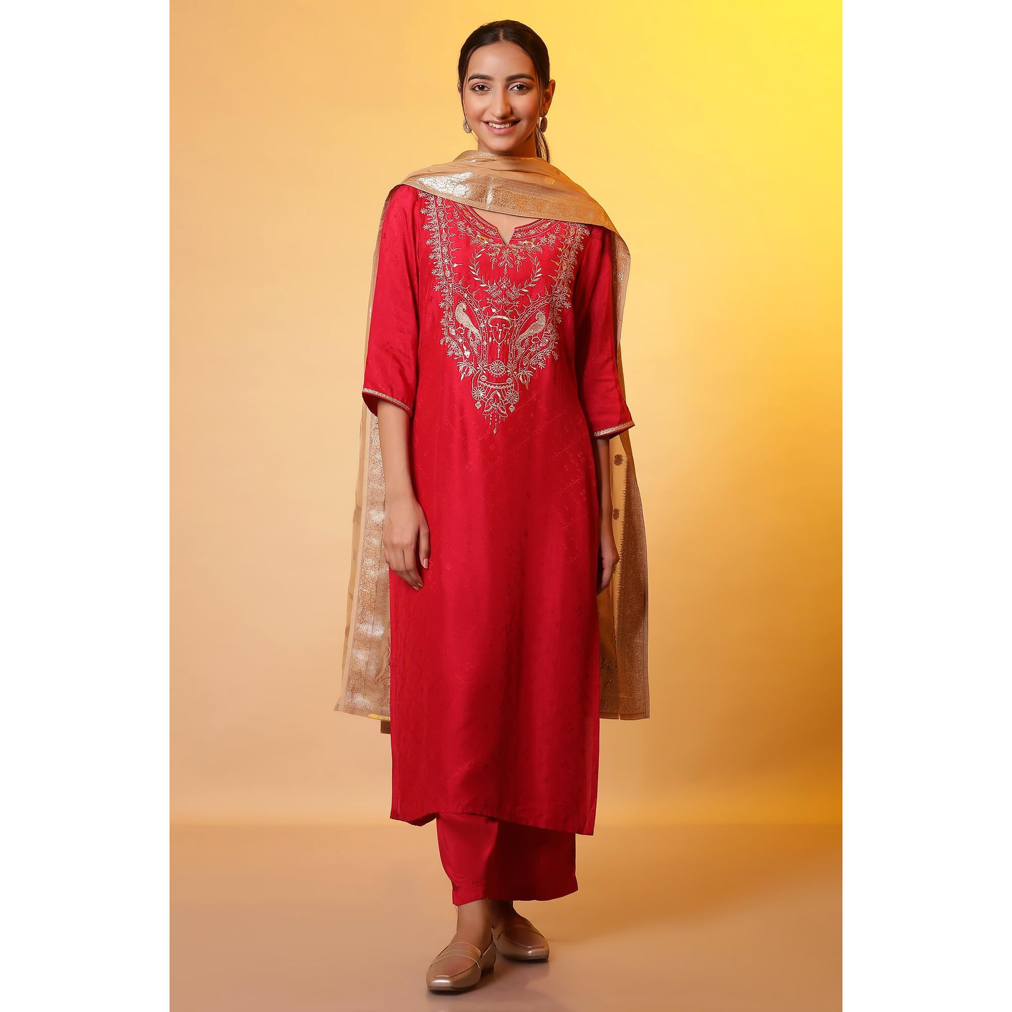 Aurelia Red Zari Embroidered Kurta, Palazzo And Dupatta Set (Size L)-24Auas15110-607057