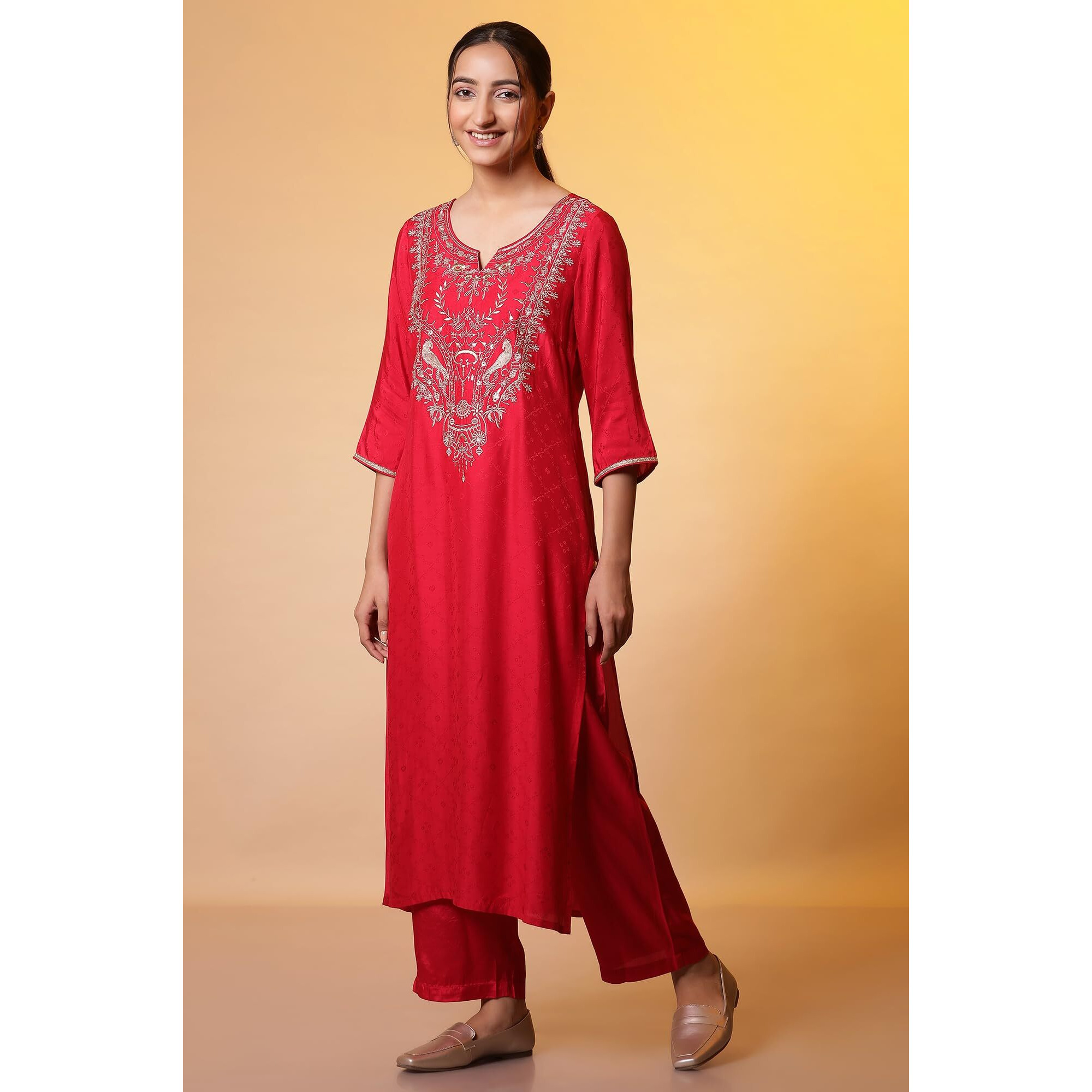 Aurelia Red Zari Embroidered Kurta, Palazzo And Dupatta Set (Size L)-24Auas15110-607057