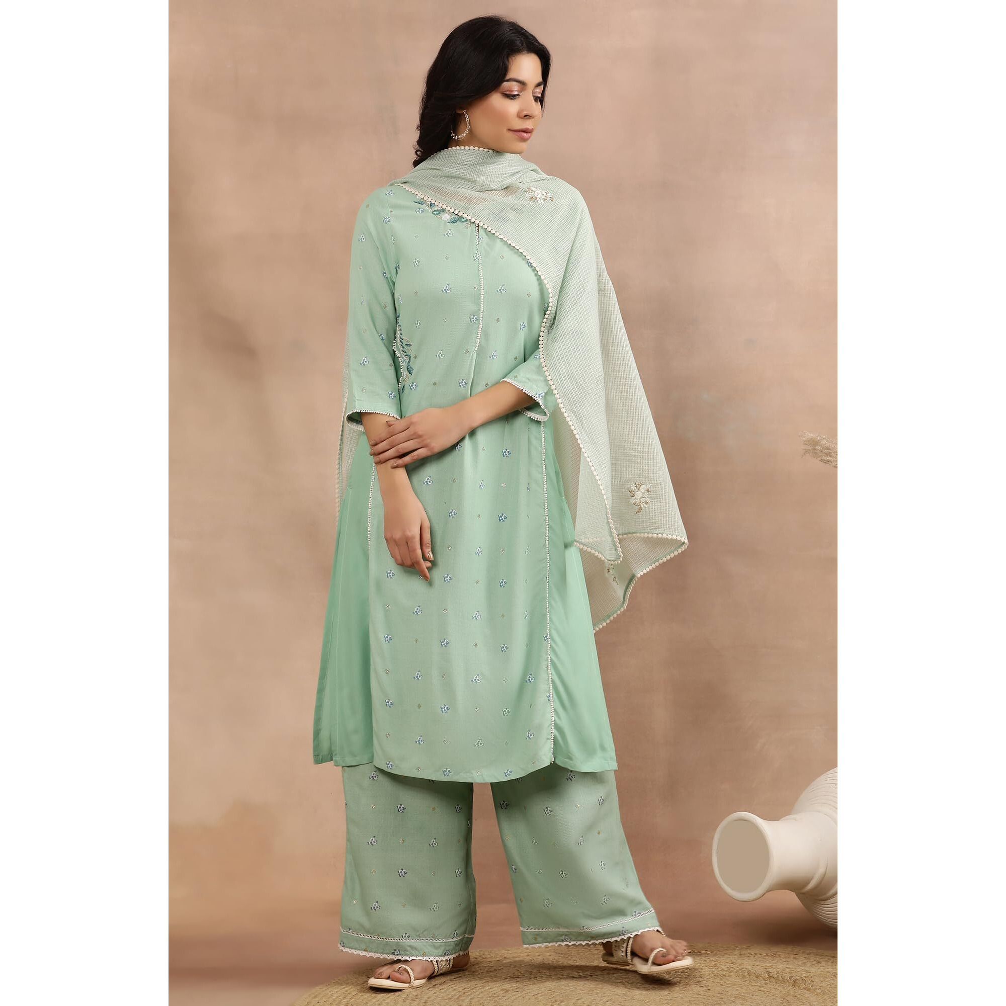 W For Woman Green Embroidered Kurta, Pants And Kota Dupatta Set (Size S)-24Onws18676-120048
