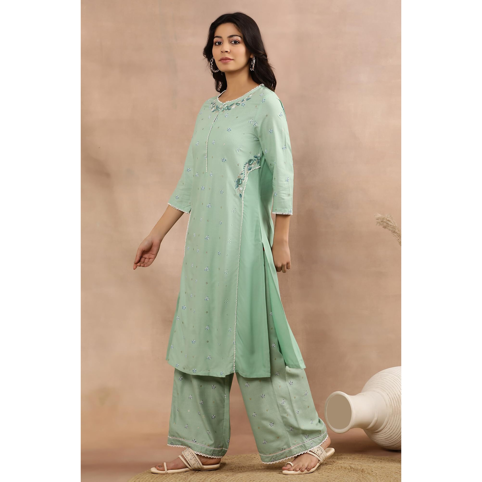 W For Woman Green Embroidered Kurta, Pants And Kota Dupatta Set (Size S)-24Onws18676-120048