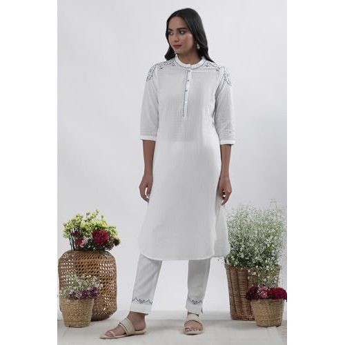 W For Woman White Solid Cotton Straight Kurta Set With Slim Pant_24Onws19294-218057_L