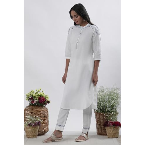 W For Woman White Solid Cotton Straight Kurta Set With Slim Pant_24Onws19294-218057_L