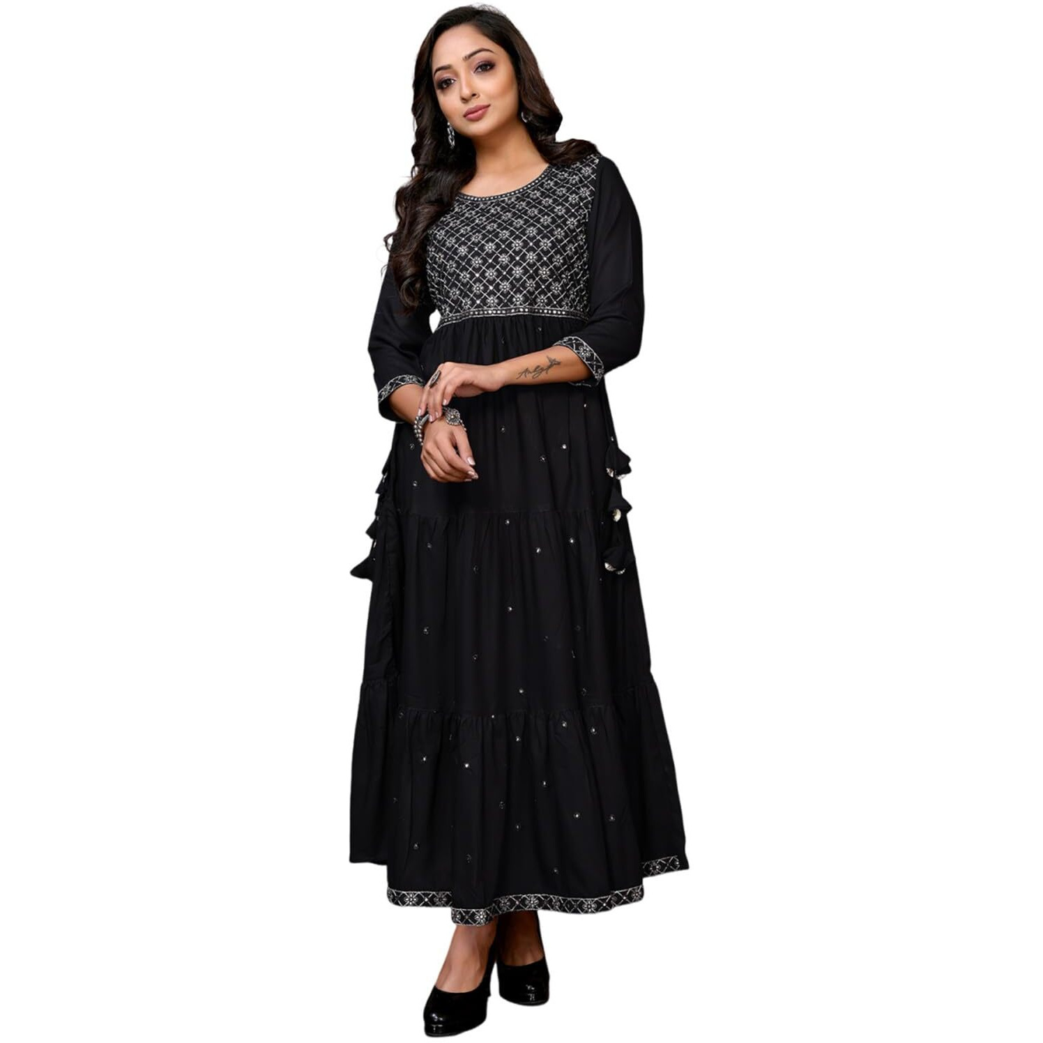 Rangita Black Rayon Ankle Length Embroidered Tiered Flared Kurti | Kurta For Women_S