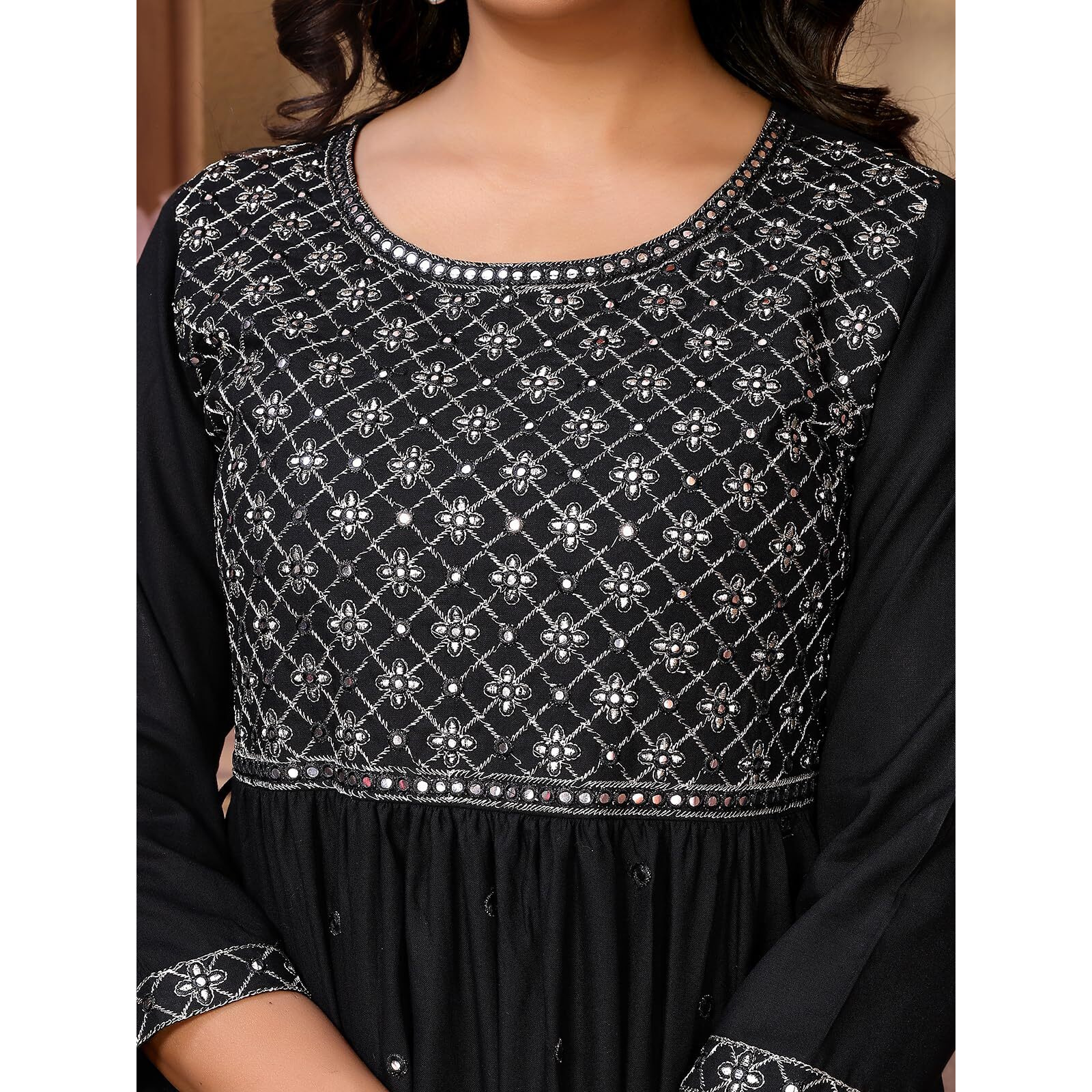 Rangita Black Rayon Ankle Length Embroidered Tiered Flared Kurti | Kurta For Women_S